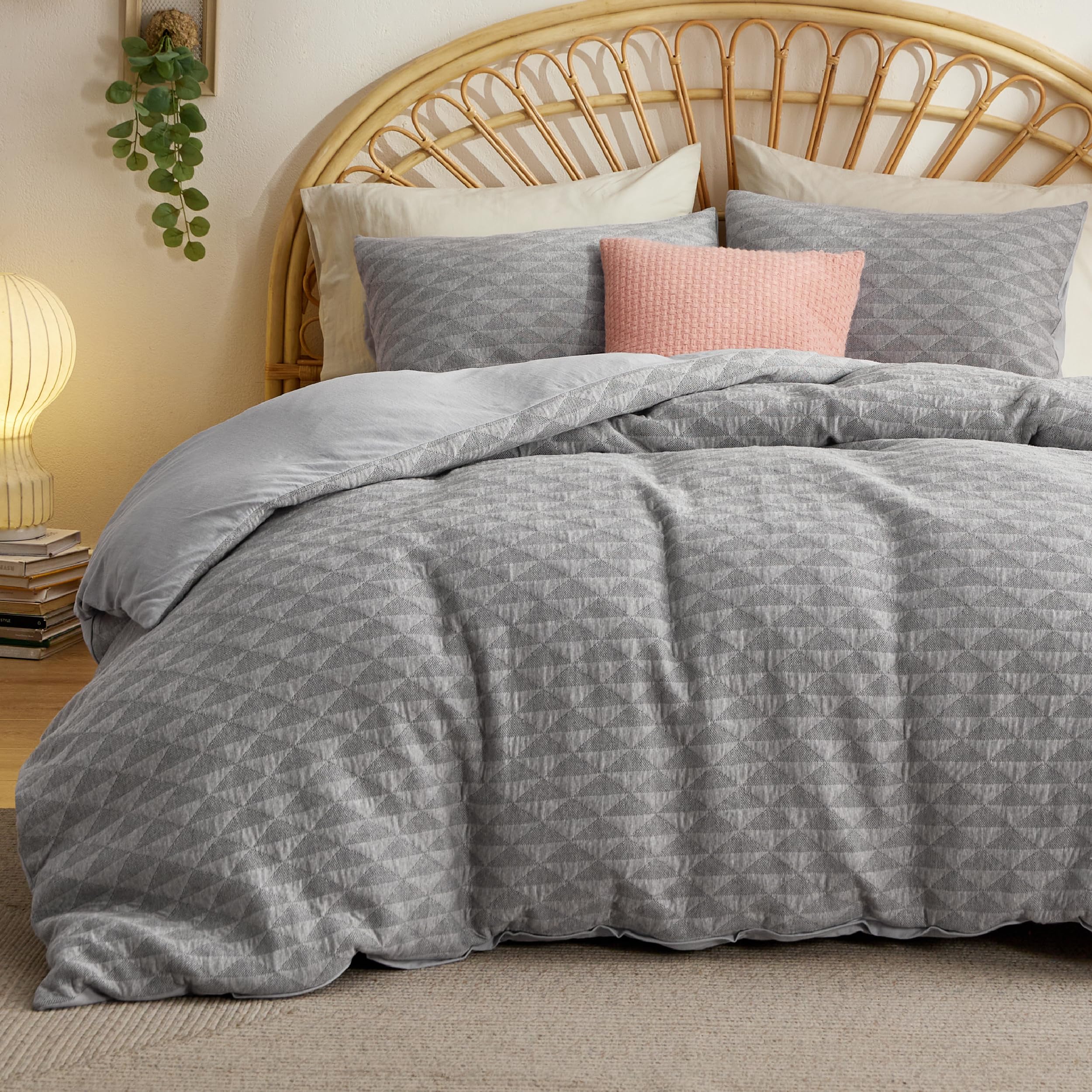 BedsureCotton Duvet Cover Queen Size - Boho Textured Duvet Cover Set, Soft and Breathable Net Jacquard Bedding Set for All Seasons (Gray, Queen, 90"x90")