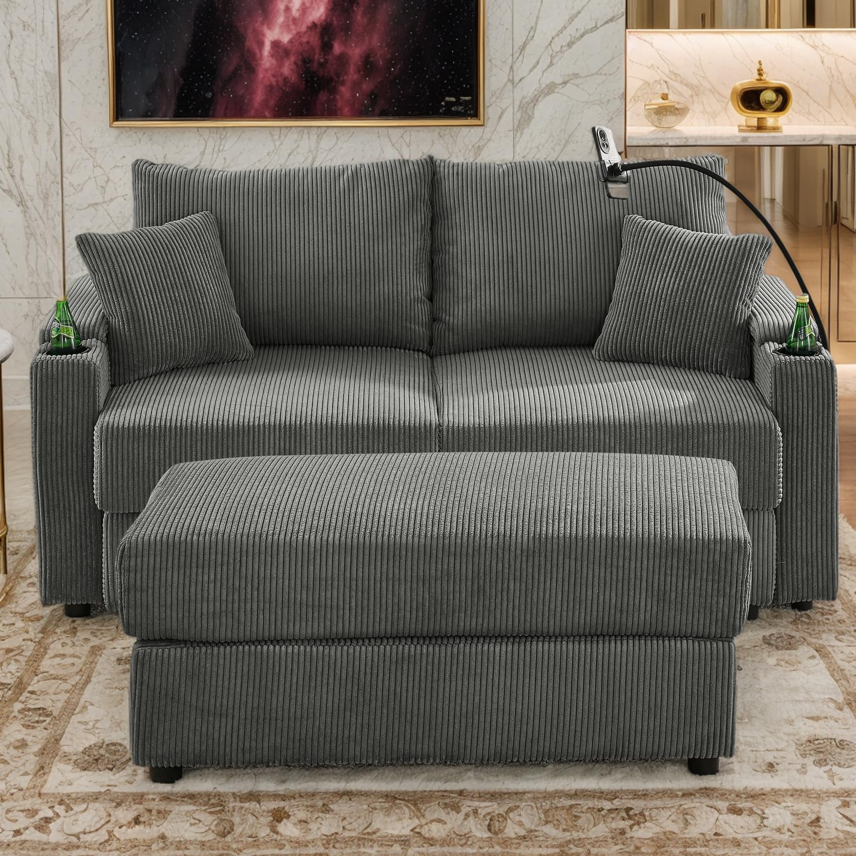 Eyisean 73''W Corduroy Loveseat Sofa with Two Cup Holders, Small Comfy Couch with Storage Armrest, Deep Seat Sofa with Phone Holder&Ottoman, Love