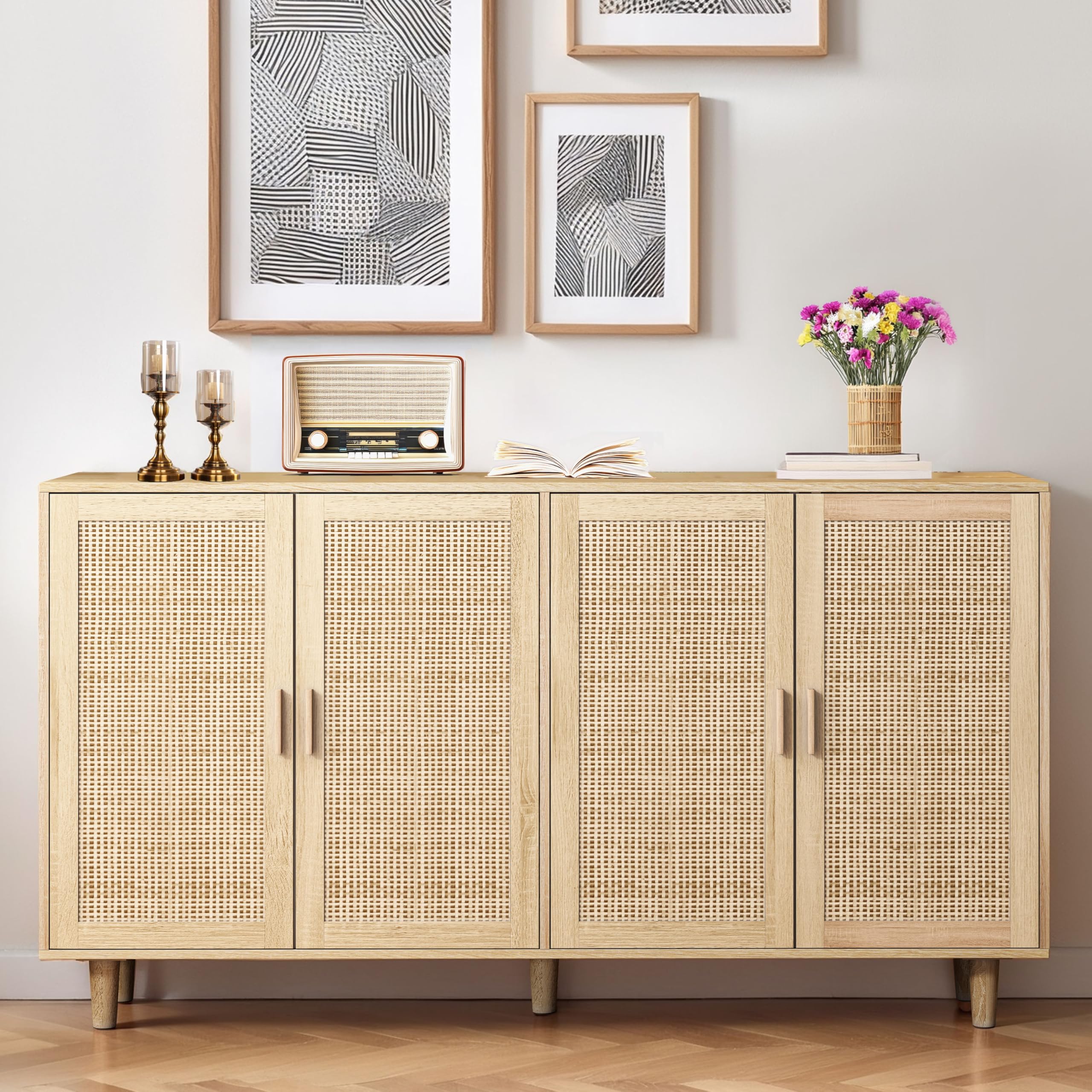 Aparador con estantes ajustables, cómoda moderna de 4 puertas, mesa de TV de ratán con mucho espacio de almacenamiento para comedor, salón y dormitorio, 158x40x88cm, color madera (color madera), fácil