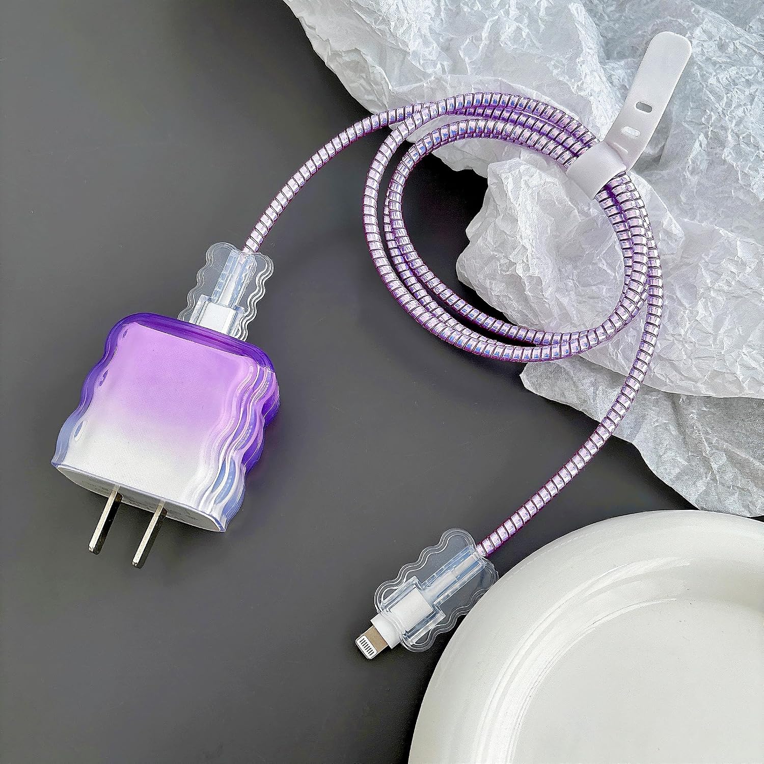 5 in 1 DIY Charger Cord Protector for iPhone Charger,Classic Gradient Charging Cord Protector for Women Girl,Soft Wave Shape Charger Cover,Charger Saver Lightning,Cable Charger Protector Cover-Purple image 2