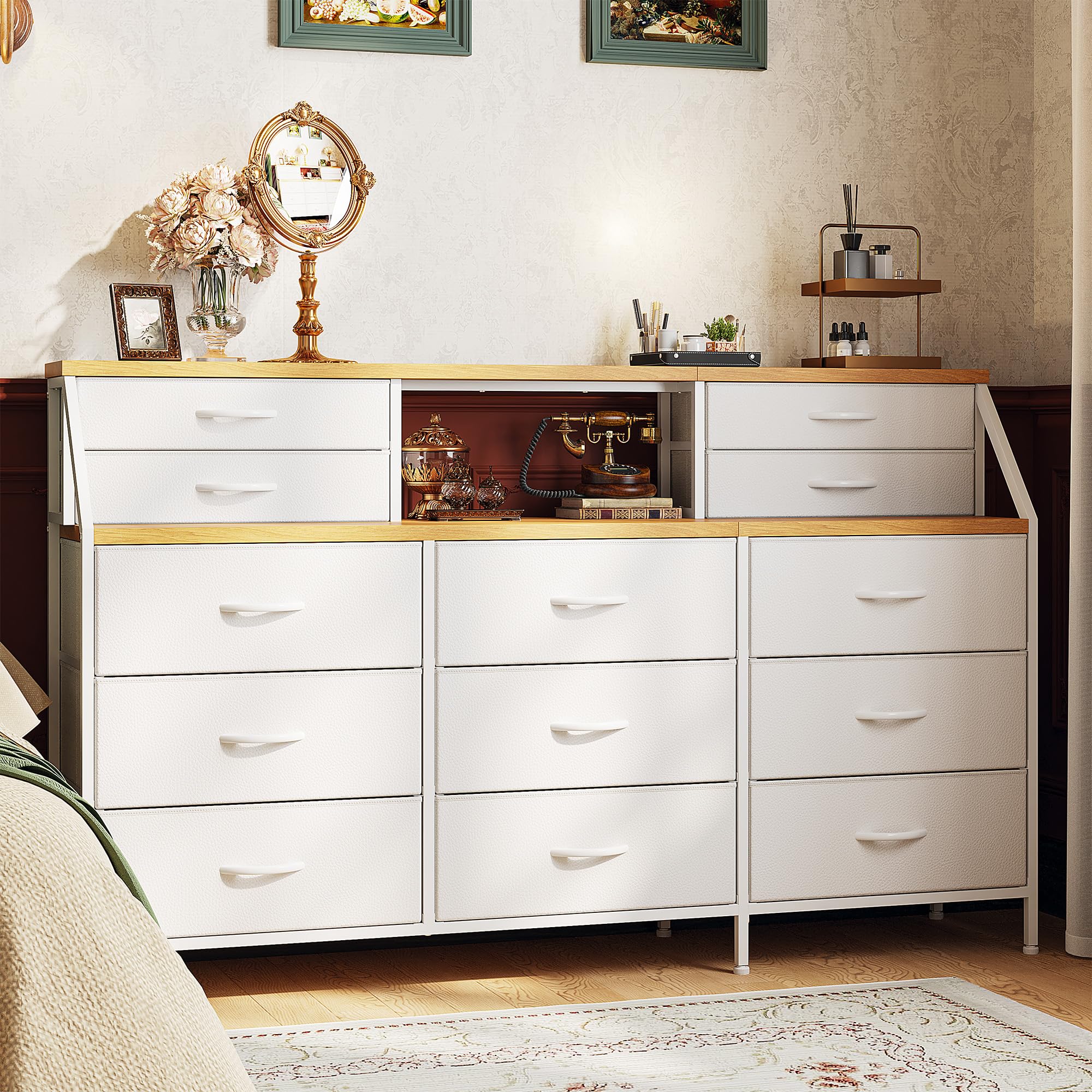 Romorgniz 55" W White Dresser for Bedroom, Dressers & Chests of Drawers with 13 Fabric Drawers and 2 Open Shelves, White Dresser for Girls Bedroom & Closet, Sturdy Metal Frame & Wooden Top