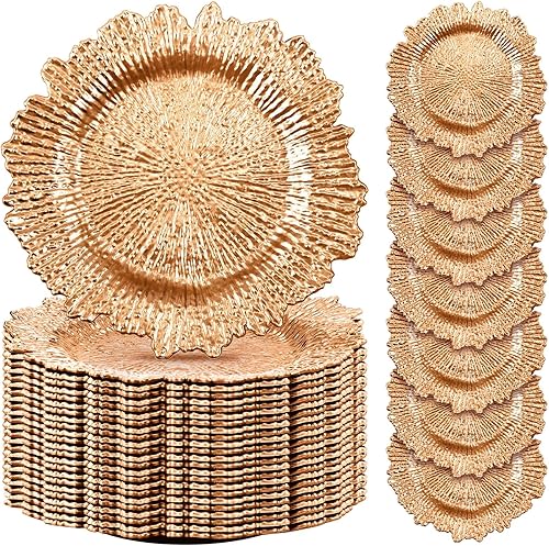 50 platos de carga de 13 pulgadas, cargadores de plástico a granel con diseño de arrecife floral, platos de cena con borde redondo con volantes para