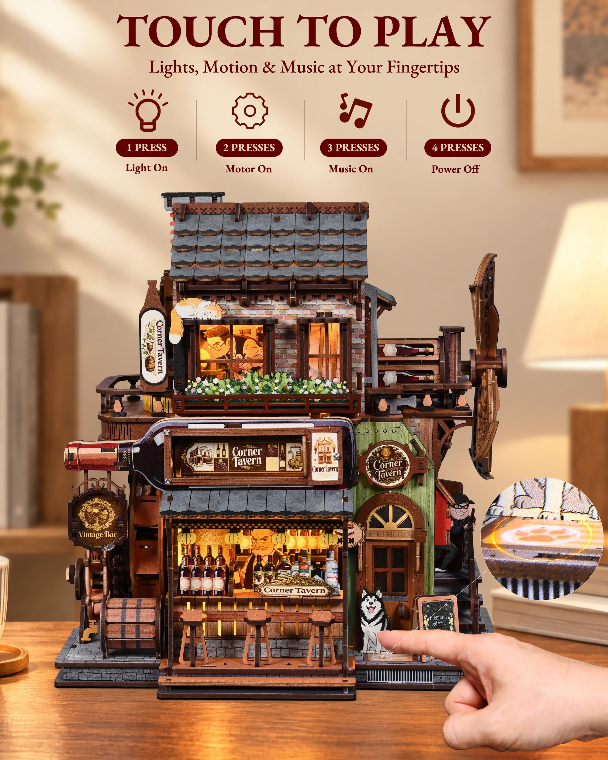 Puzzle 3D Legno Taverna Modellino Musicali con Girandola Che Gira e Luci