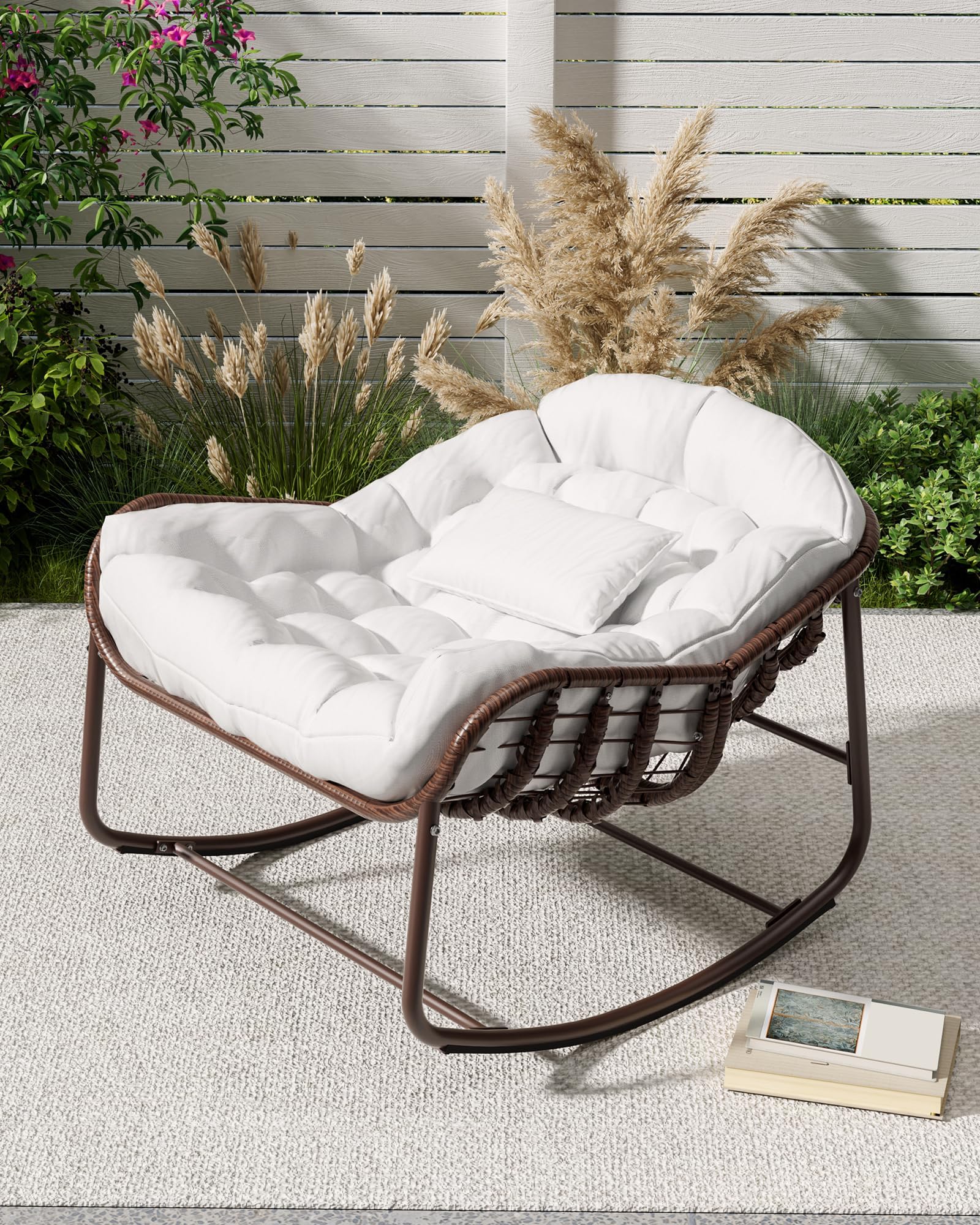 Outdoor Rocking Chair, Oversized Wicker Patio Egg Chair with Extra Thick Cushion, Metal Frame Rattan Comfy Rocking Lounge Chairs Support 204kg for Indoor Outdoor Garden Living Room Nursery -D