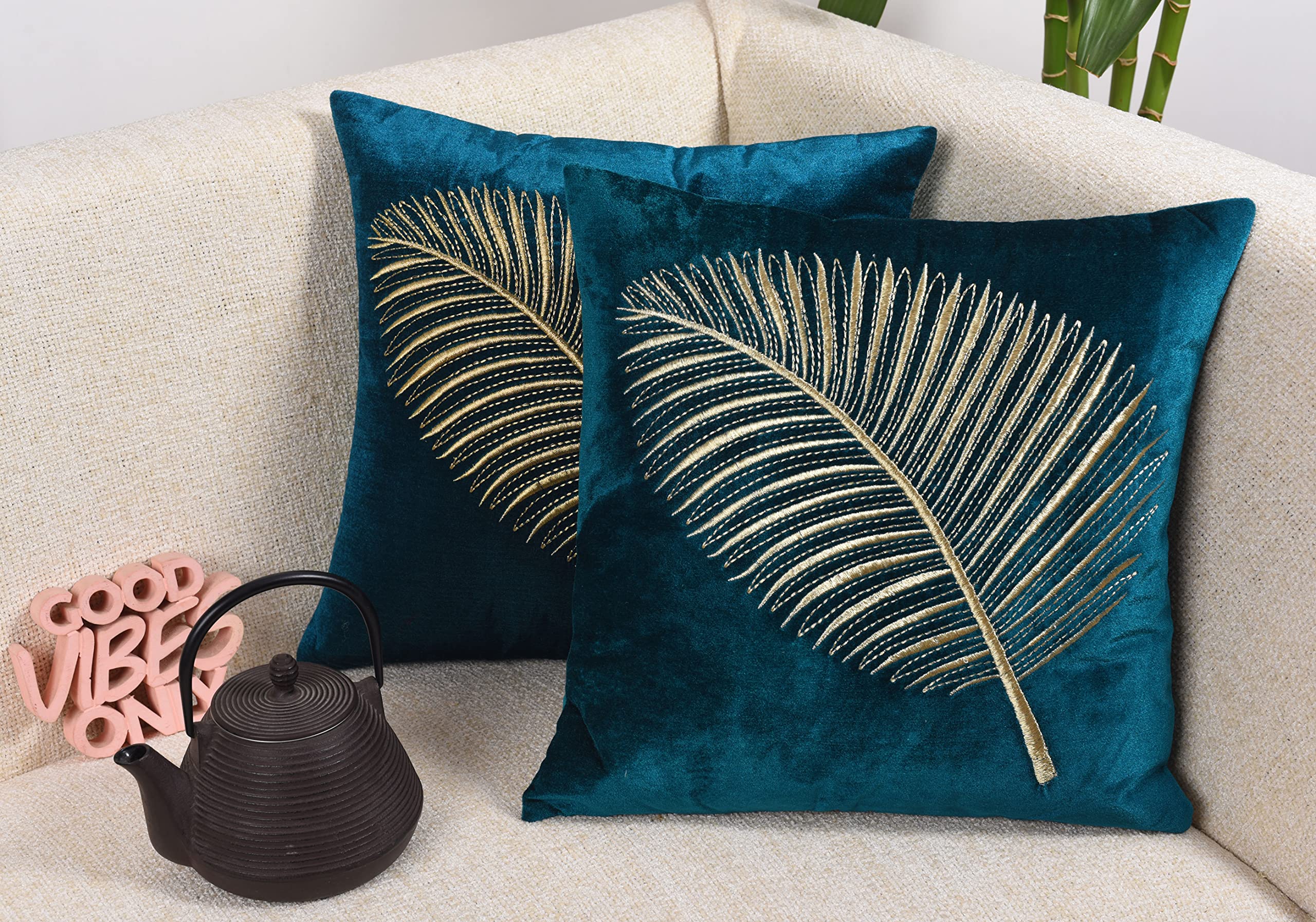Decoghar Polyester Chinar Decorative Cushion Covers With Golden Zari Leaf Embroidered Cushion Cover 16 X 16 Inch Set Of 2 Turquoise Livingroom Sofa And Car Chair Pillow Cover,200 TC-image-38