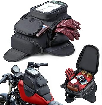 Nomad Motorcycle Tank Bag 4L Heavy Duty Black Gas Tank Bag with Touchscreen Phone Window, Magnetic Fuel Tank Pouch for Cruiser, Sportbike, Touring & Street Bikes