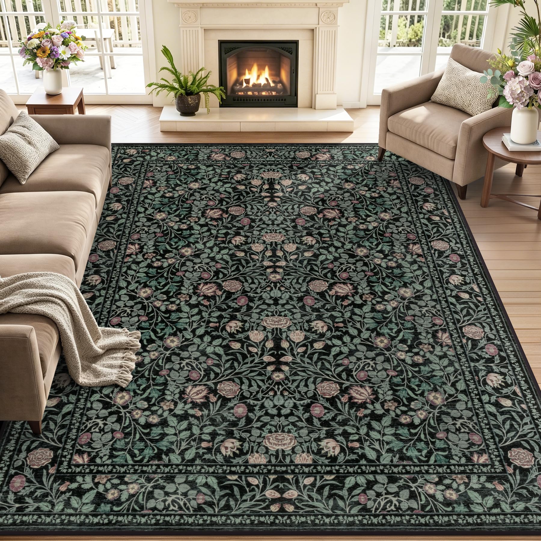 Vintage Floral Dark Green 5x7 Area Rug