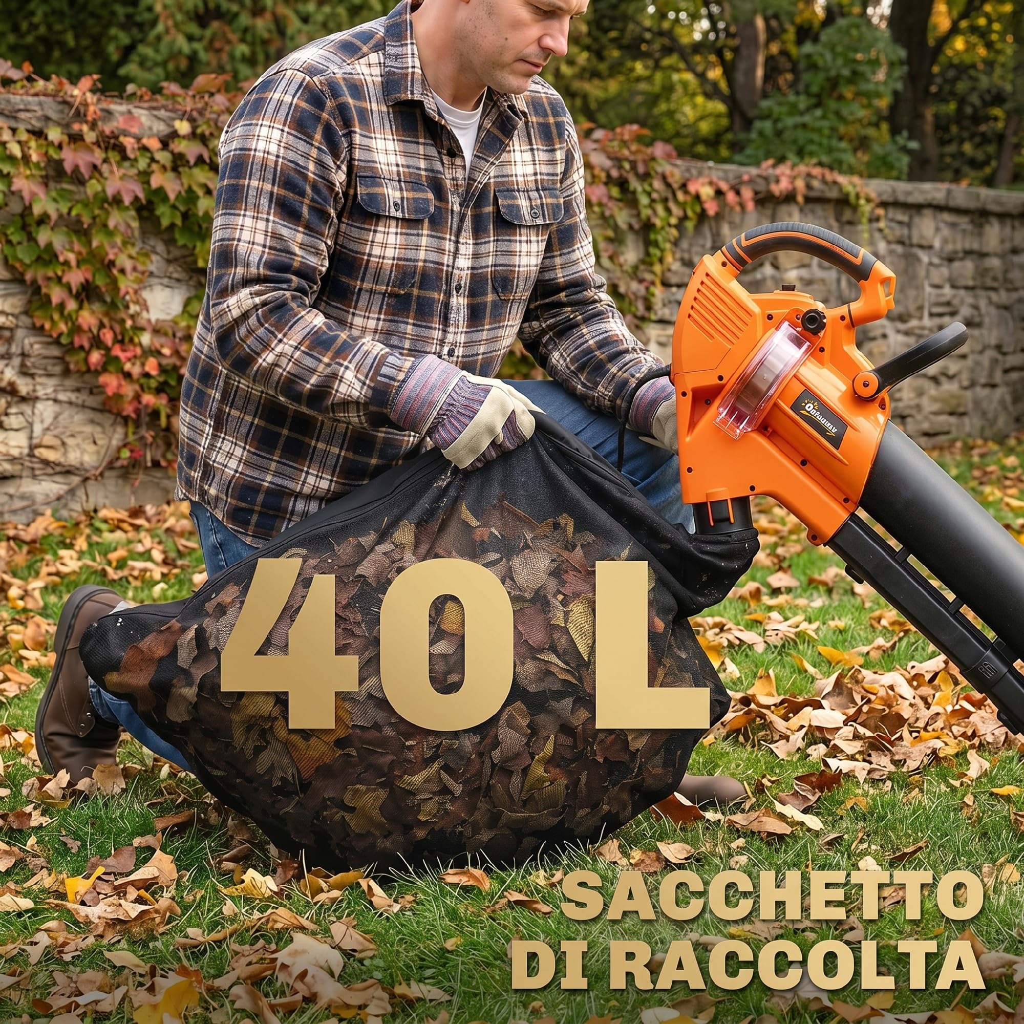 Outsunny Soffiatore e Aspiratore per Foglie 3-in-1 da 3000W con Trituratore, Sacco da 40L, 4 Ruote, Tracolla Regolabile, per Prati Vialetti e Terrazzi