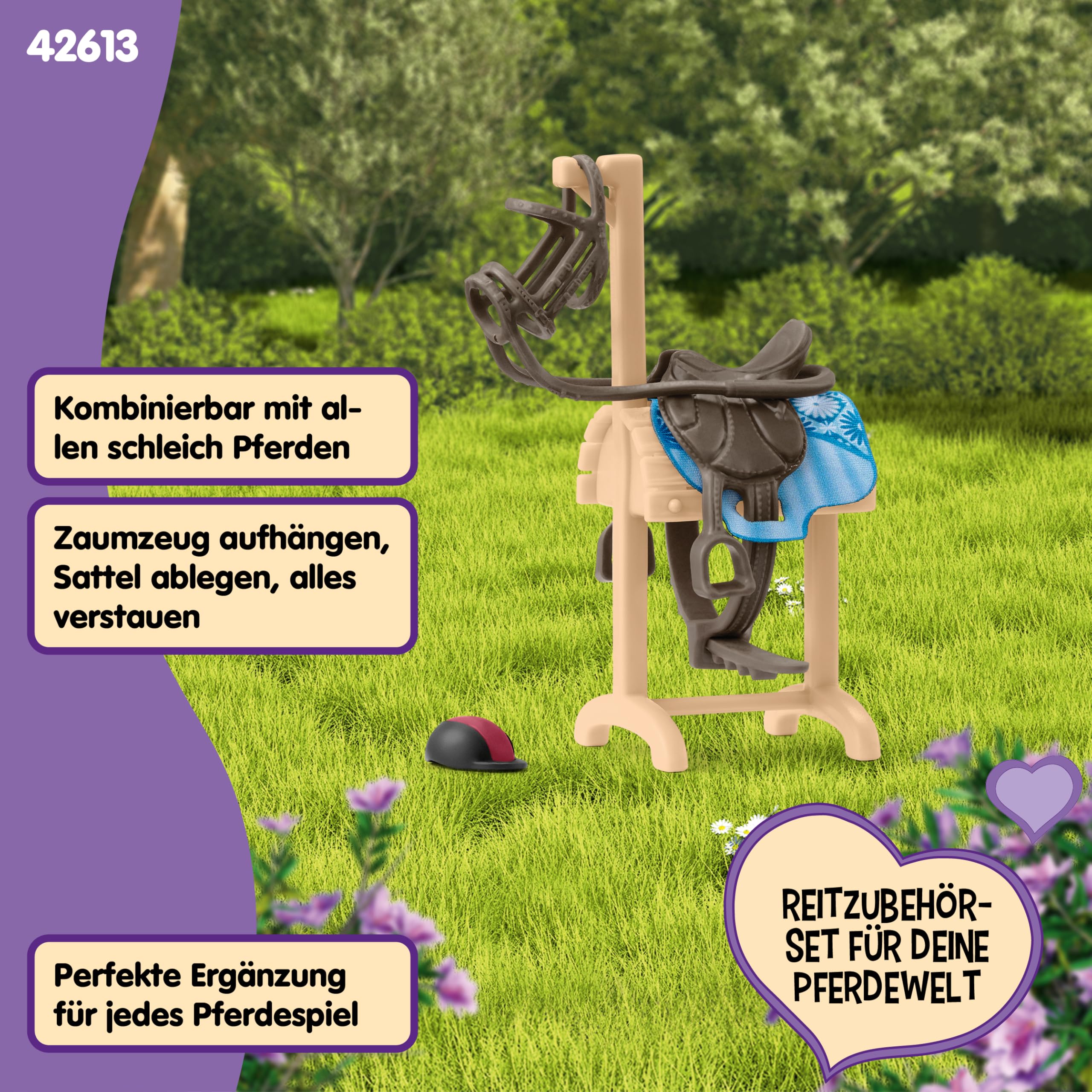 SCHLEICH Horse Club | Pferdetransporter Accessoires 42613 Pferde Zubehör Set mit Holzpferd, Helm, Sattel & Zaumzeug | passt zu vielen Horse Club Pferden | Spielzeug ab 5 Jahren | 6 Teile - 4