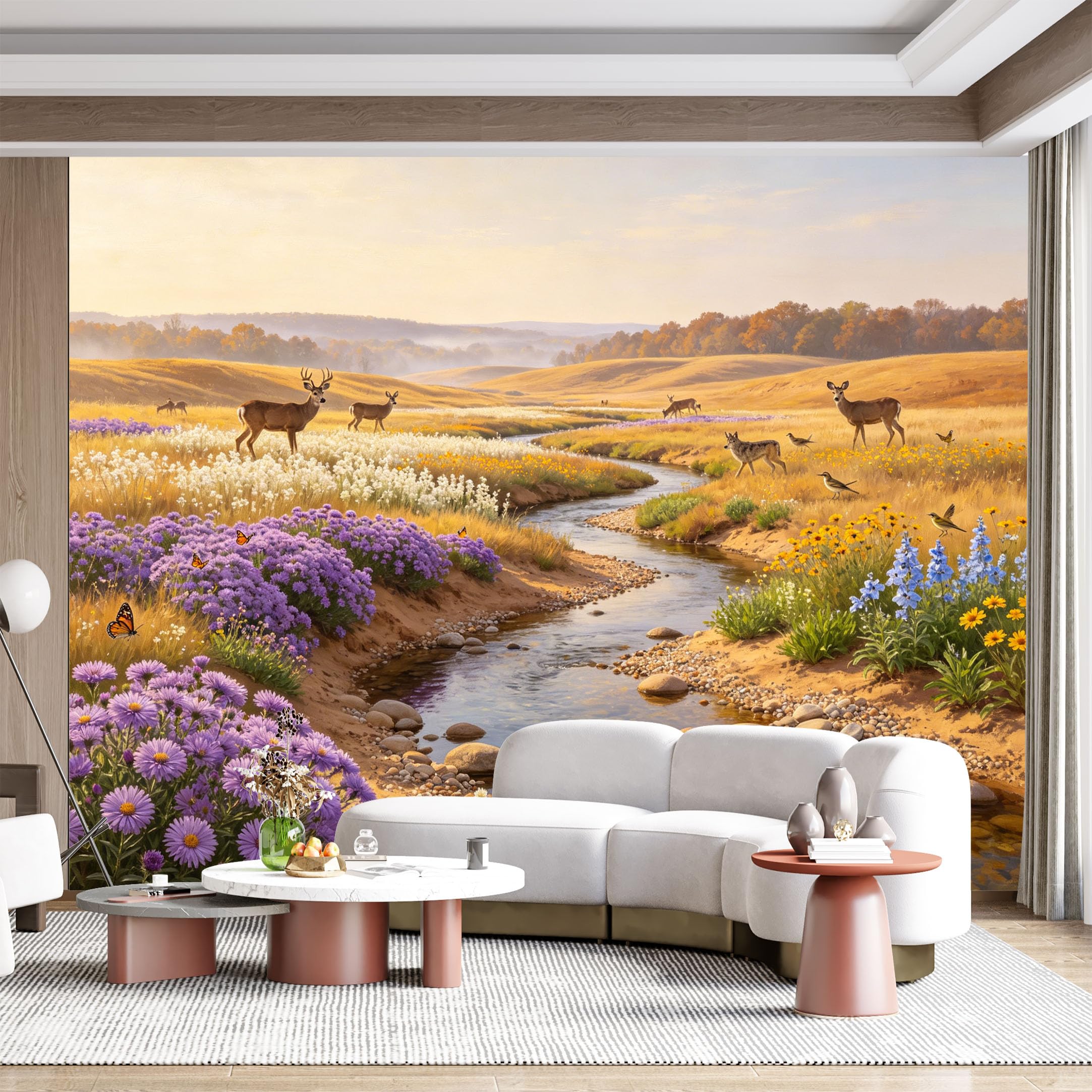 Custom Size Wall Mural Serene Meadow Stream Deer Butterflies Floral Landscape Oil Painting SelfAdhesive Wall Fabric Removable for Home Office Decor