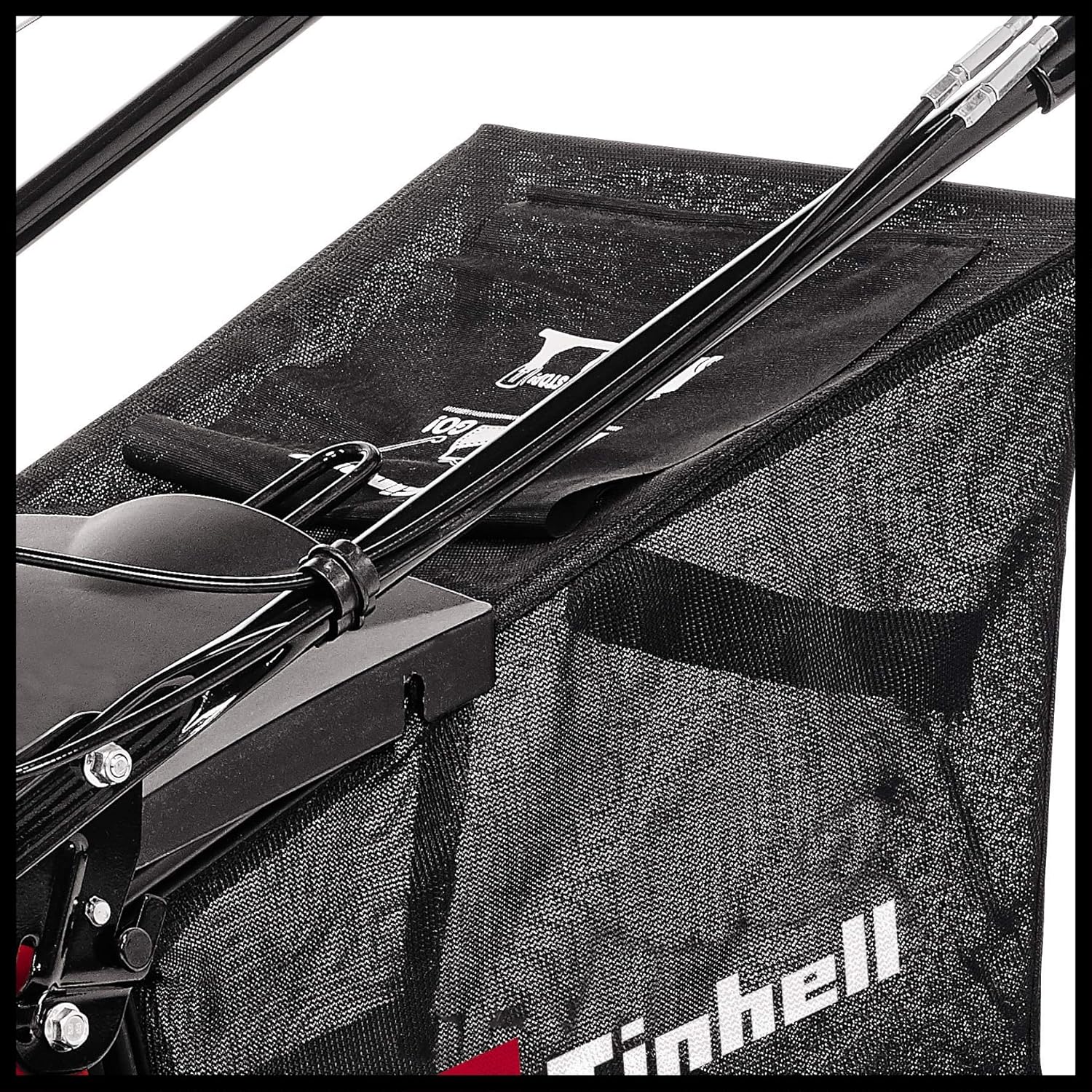 Close-up of the grass catcher attached to the lawnmower