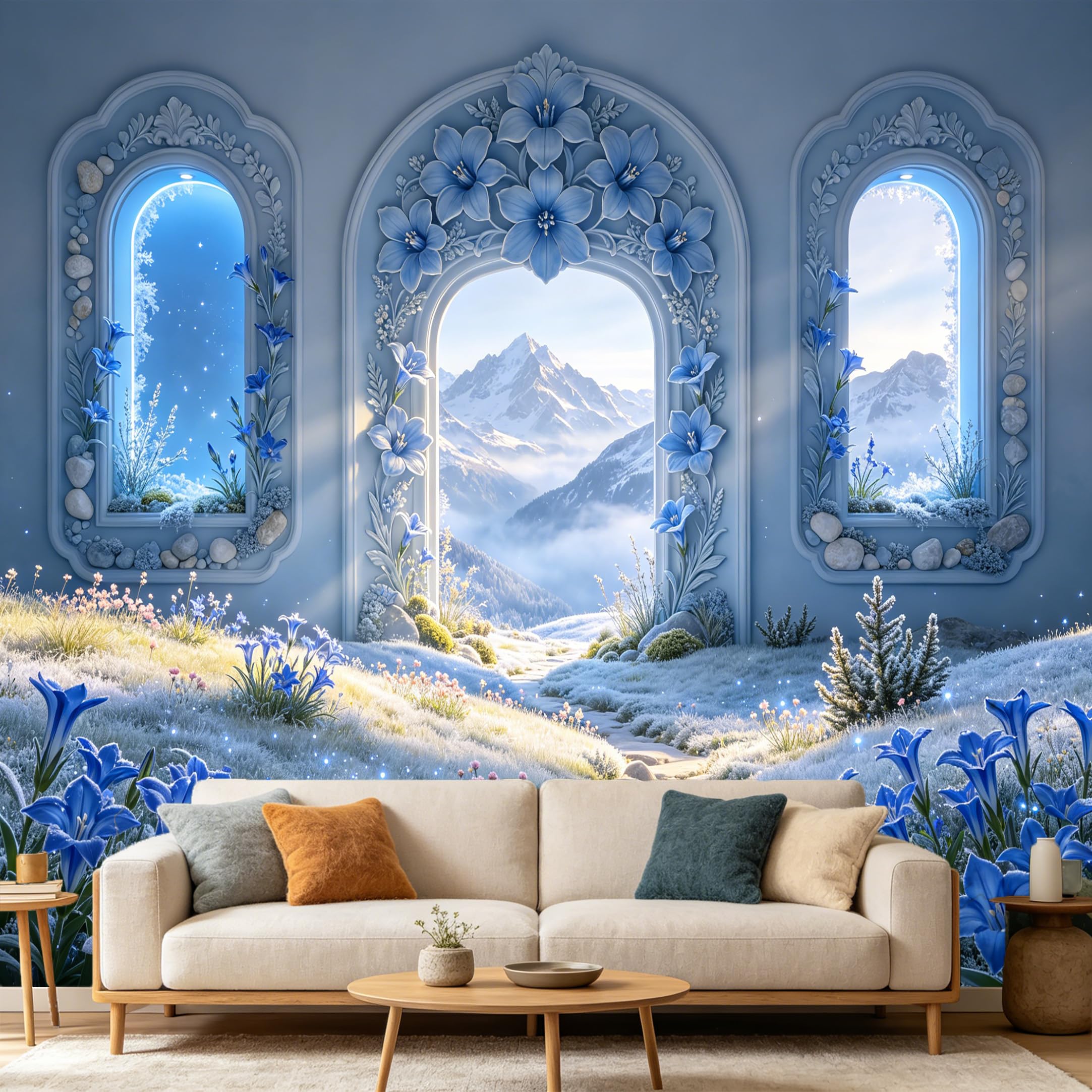 Custom Size Wall Mural， 3D Blue Flower Archway Snowy Mountain Lake Landscape， SelfAdhesive Art Prints wall Fabric Removable Large Wallpaper Home Living Room Decor