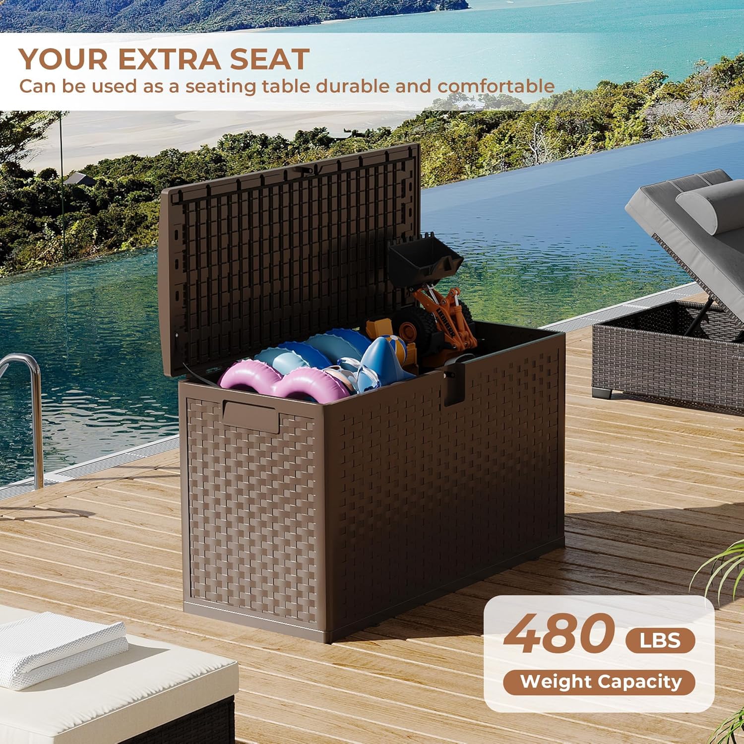 IDEALHOUSE 100 Gal Waterproof Large Resin Deck Box for Indoor Outdoor Use, Lockable Plastic Storage Container with Lid, Waterproof/UV-Resistant for Patio Furniture Cushions Garden Tools, Brown Ratten