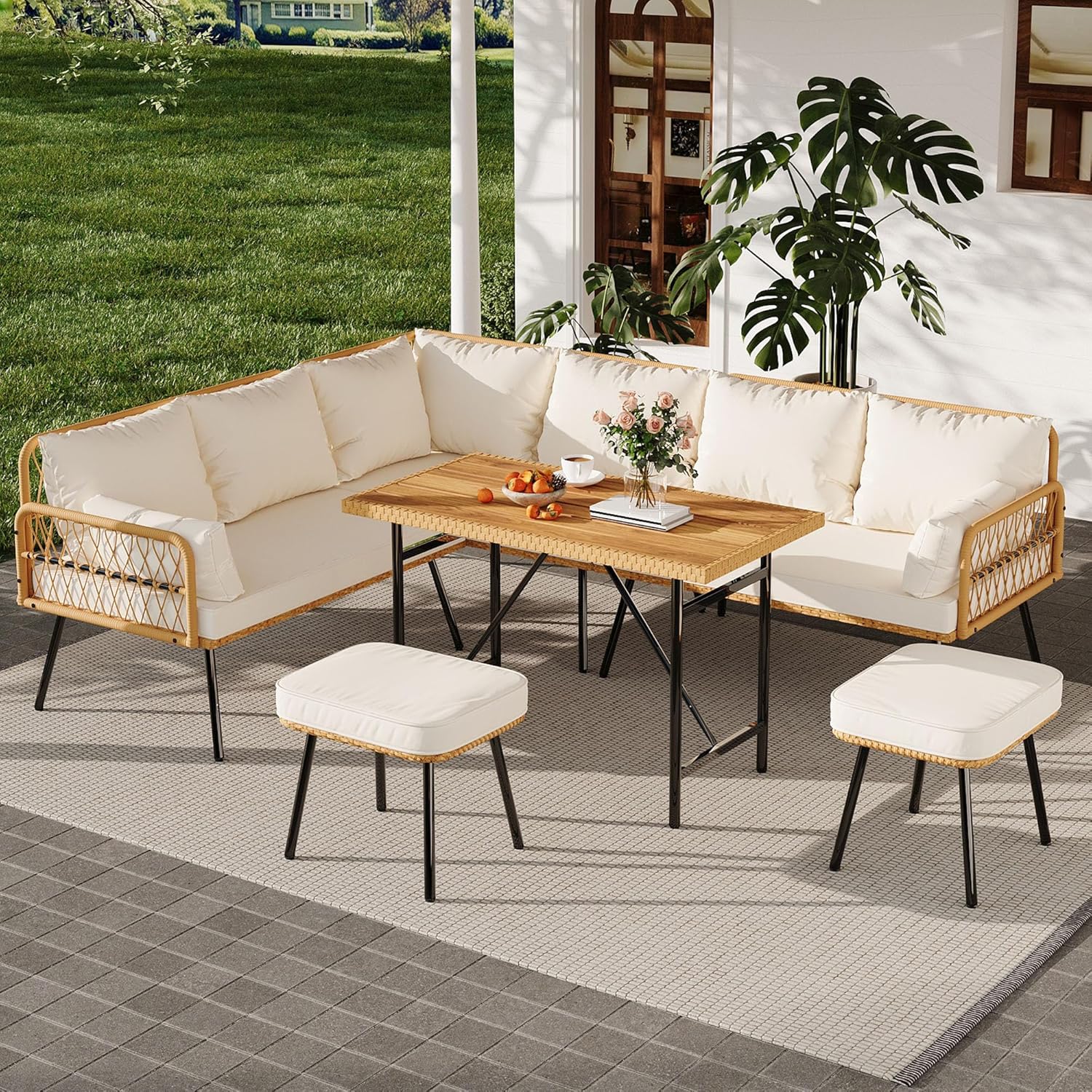 GarveeLife 6 Pieces Patio Furniture Sets Wicker Outdoor Sectional L-Shaped with Cushions & Wood Dining Table and Chairs Set, Boho Rattan 8 Seater Conversation Sets for Balcony, Backyard, Beige