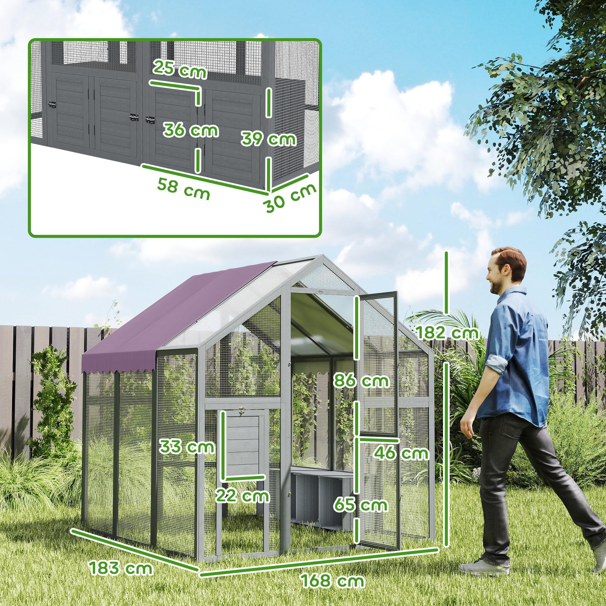 PawHut Hühnerstall 3,07㎡ 1,7 x 1,8 x 1,8 m Freilaufgehege Holz mit wasserdichtem Tuch, Sicherheitsschloss, Doppeltür, 2 Nistkasten, 2 Sitzstange, Hühnergehege für 6-8 Hühner, Enten, Gänse, Kaninchen