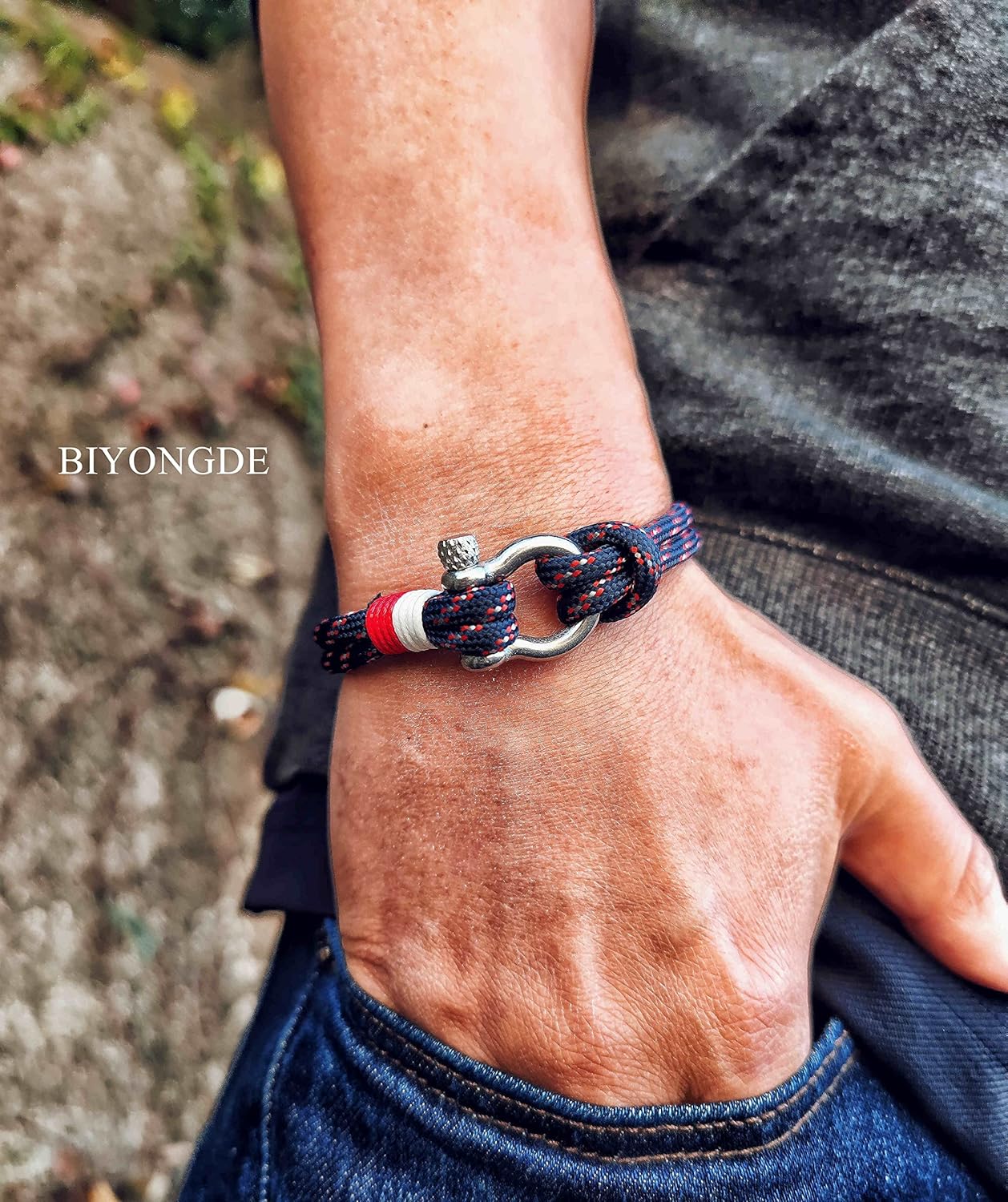 Mens Womens Nautical String Sailor Rope Wrap Bracelet Wristband Bangle Steel Screw Marine Anchor Shackles, Two-row - Image 3