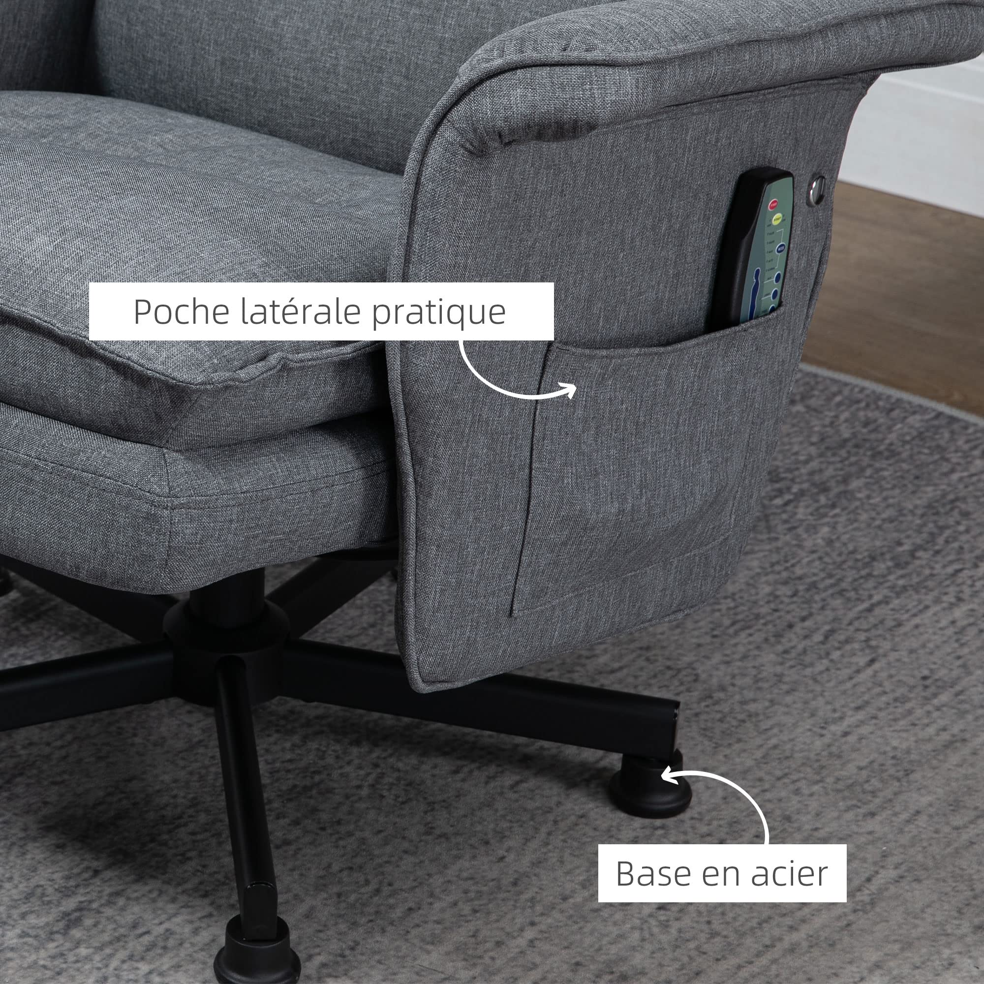 HOMCOM Fauteuil massant électrique Relaxant avec Repose-Pieds et télécommande 8 Zones de Massage Tissu Imitation Lin 78 x 93 x 99 cm Gris