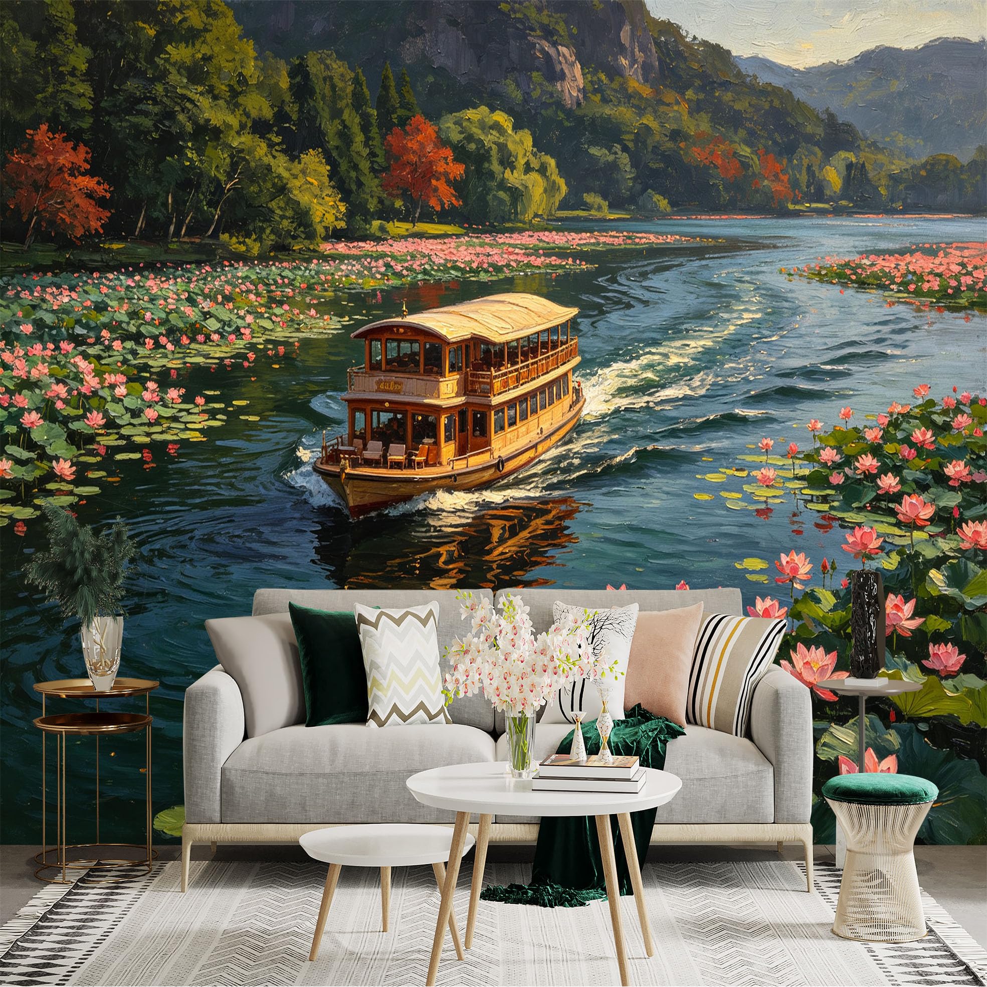 Custom Size Wall Sticker Mural， Cruise Boat on Lake， Blooming Lotus Flowers， Scenic Mountain Landscape， Oil Painting Style， for wall Decoration， peelandstick wall Decals.
