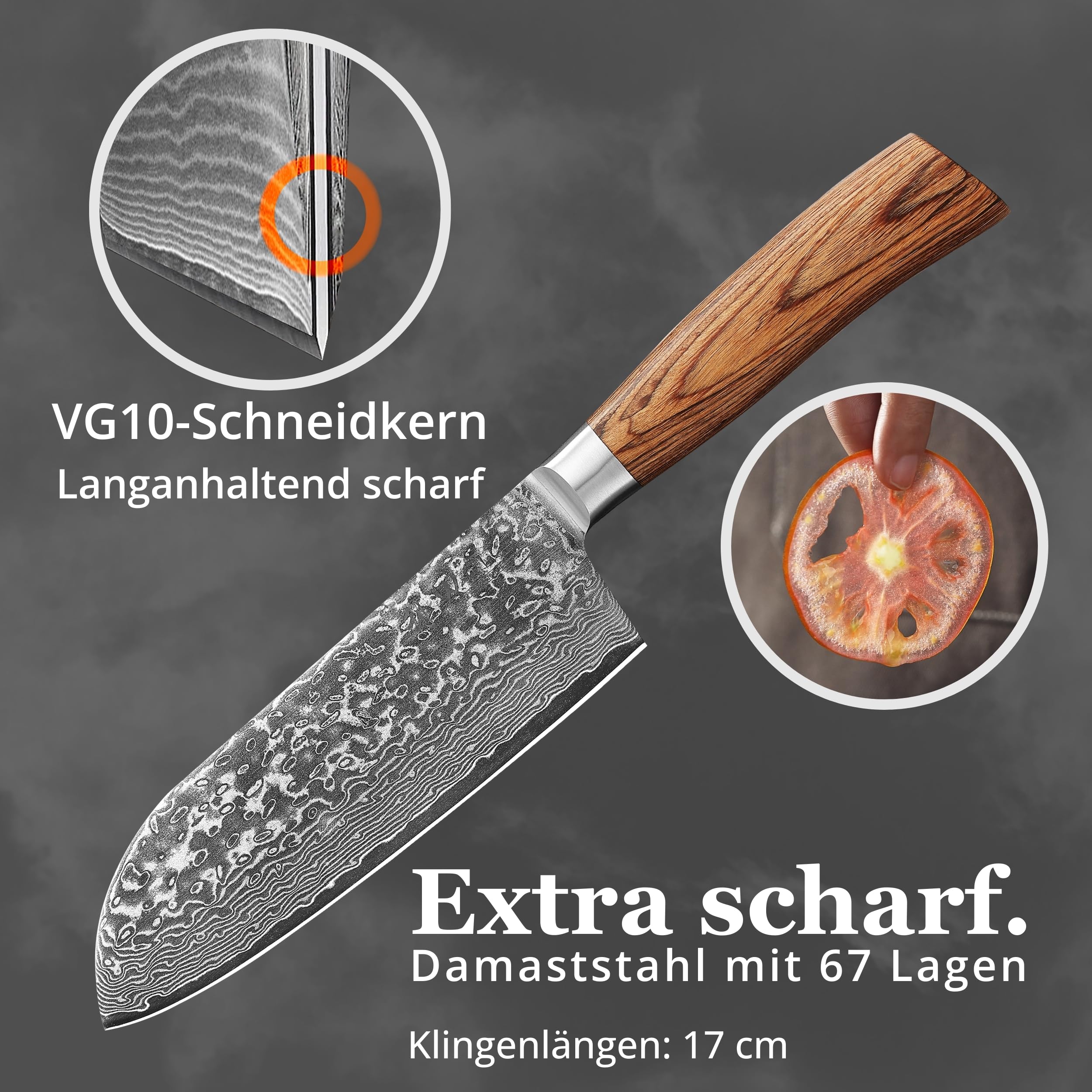 Wakoli EDIB Pro Santokumesser, 17 cm Klinge aus Damaststahl mit VG10 Kern | 67 Lagen, 60 ± 2 HRC, 32 cm Gesamtlänge, Pakkaholzgriff und Geschenkbox; beidseitiger V-Schliff für Fleisch, Fisch und Gemüse