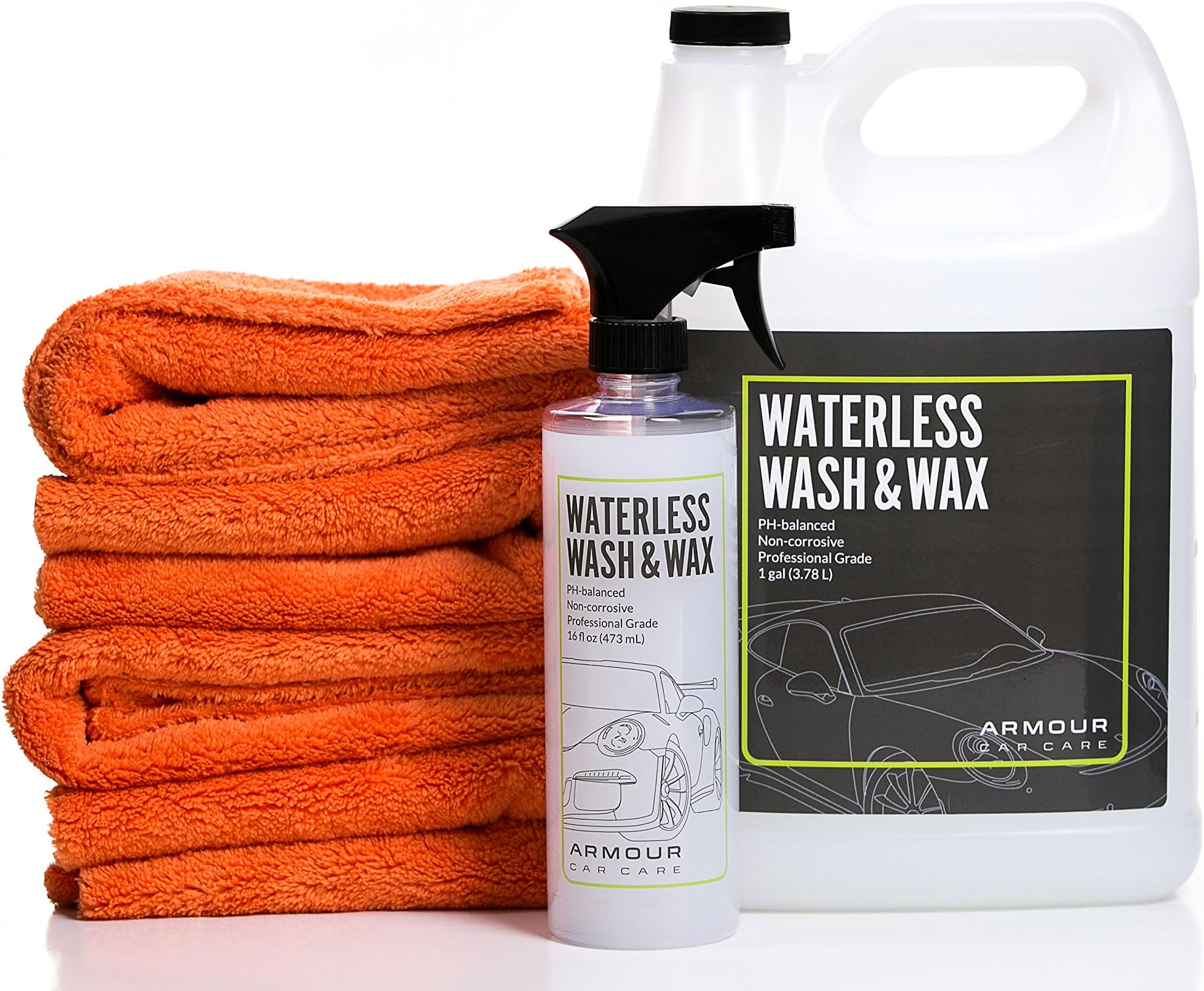 Armour Car Care Dry Shine Waterless Car Wash & Wax 6 Piece Bundle | 4 Ultra Plush Microfiber Towels | 1 (16 oz) wash spray bottle and 1 (1 gal) refill of Waterless Carwash & Wax