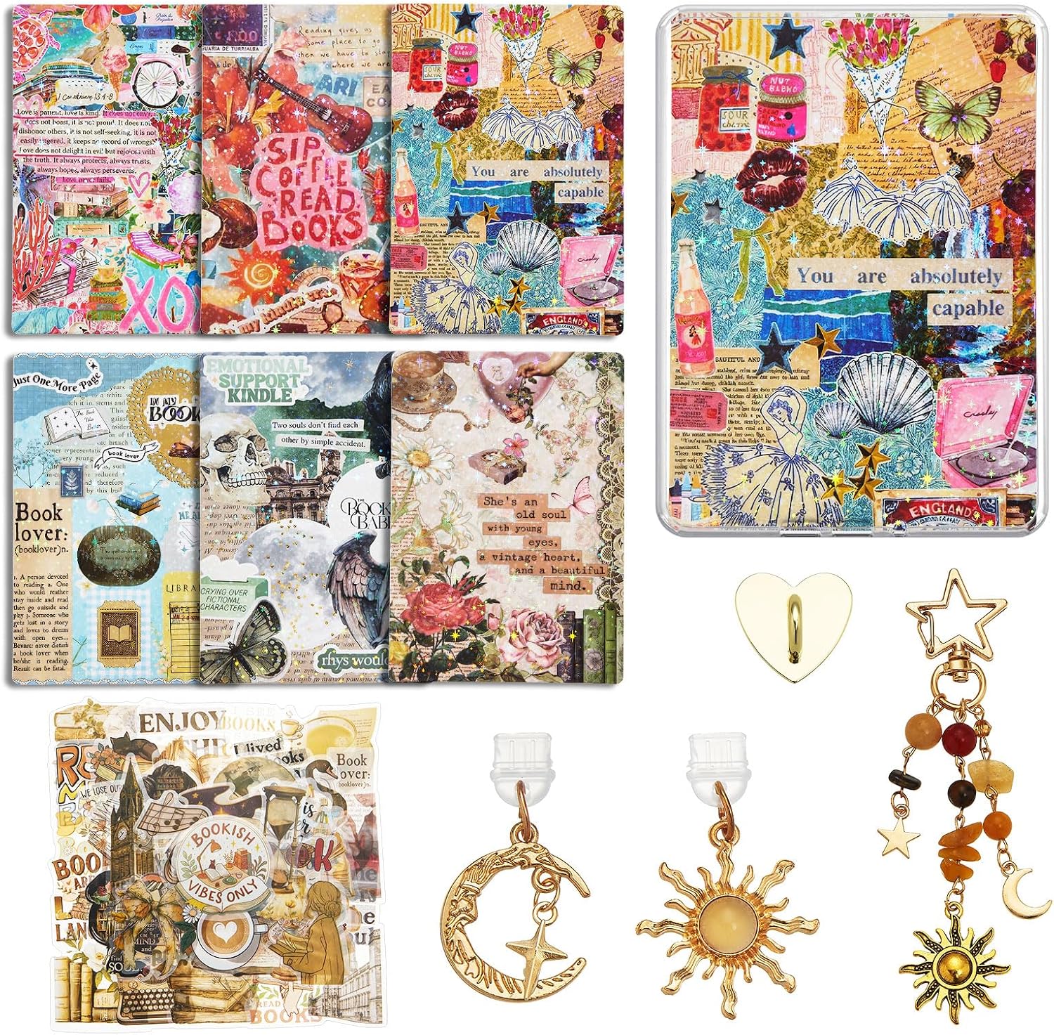 WOZEAH 6PCS Cardstock Inserts for Clear Case, 50PCS Stickers, Charm Chain & 2 Dust Plug Charms, 6.8"x4.8" E-Reader Decorating Accessories for Kindle Paper White 11th/12th Gen(Kit 7)