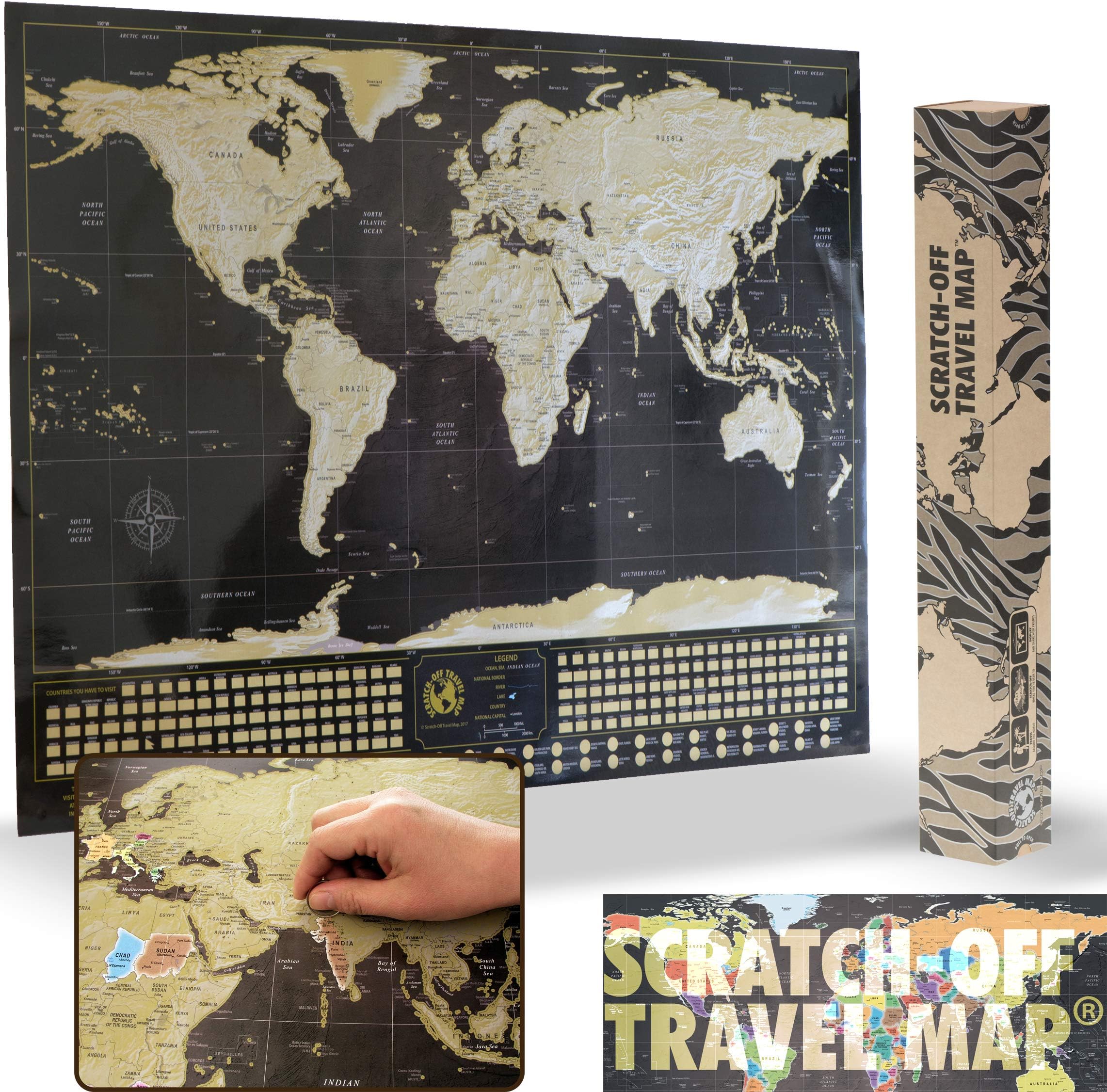 Deluxe Scratch Off World Map Poster 84 x 59 cm - Black and Gold with Silver Mountains and Real Sea Bottom | Detailed Cartography | Country Flags and The World's 50 most tourist attractions