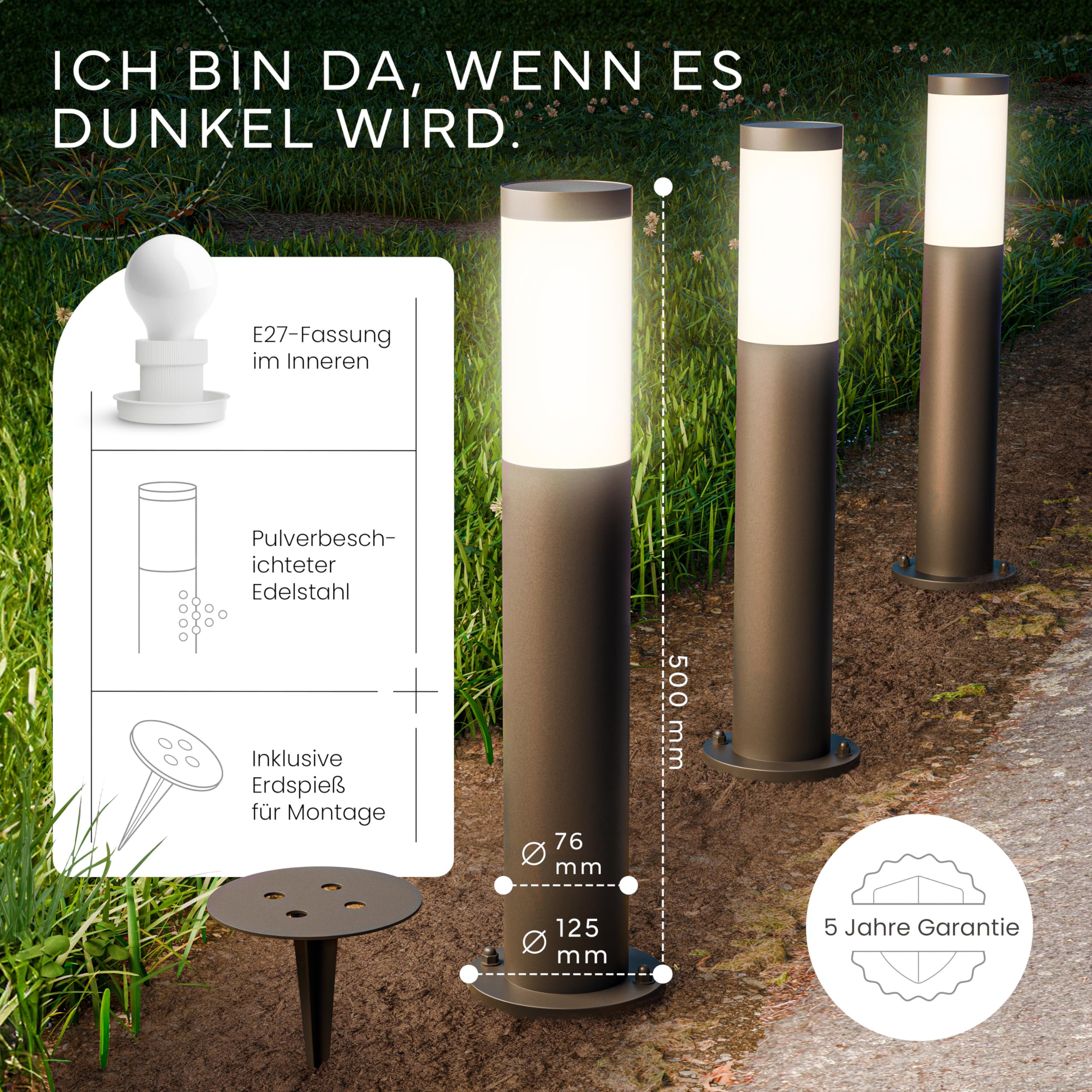 MATO Wegeleuchten Außen E27 Fassung Höhe 50 cm Edelstahl IP44 Pollerleuchte