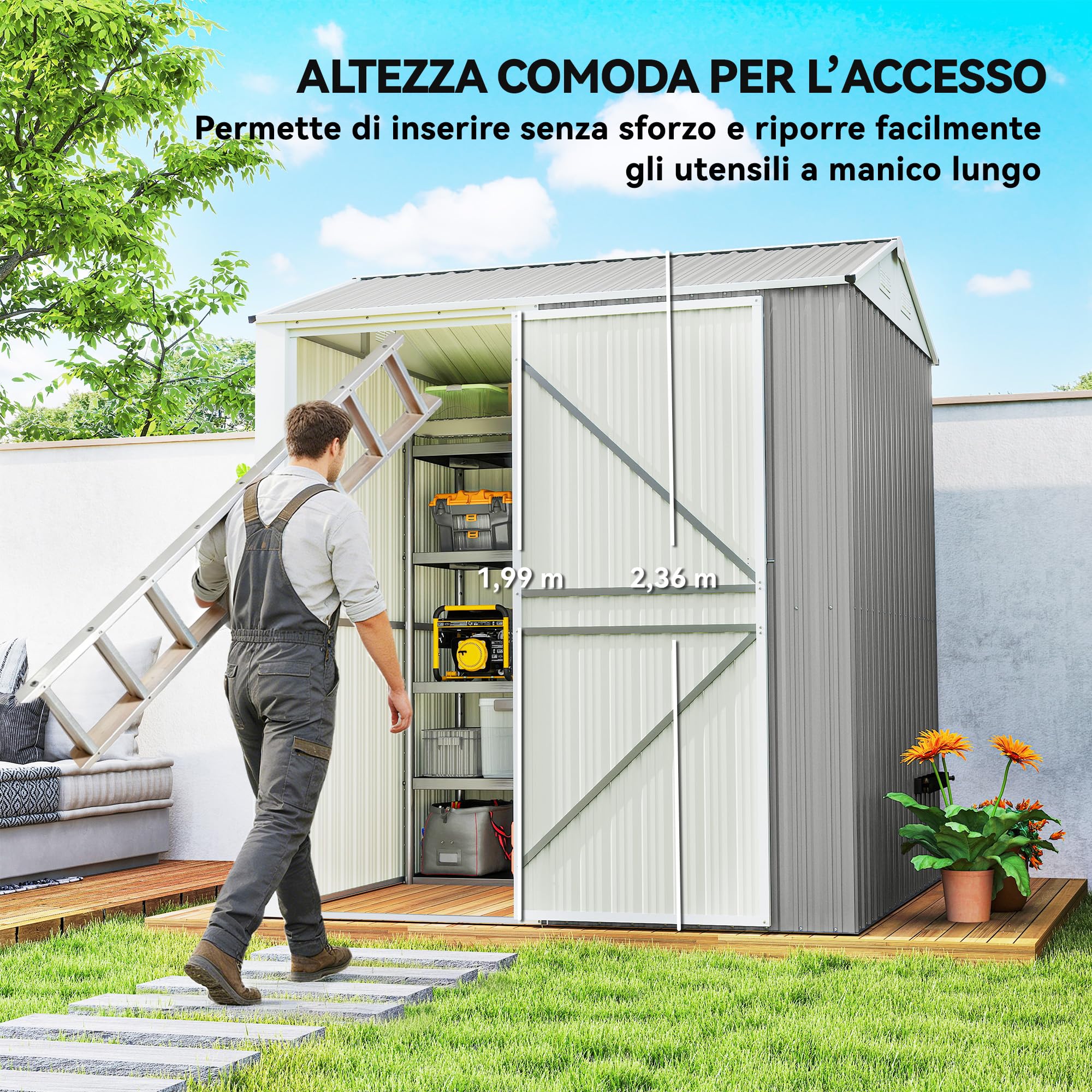 Outsunny Casetta da Giardino Alta 3.51m² in Acciaio Zincato con Prese d'Aria, Capanno da Giardino con Porta Bloccabile, Tetto Inclinato, Guanti, Capanno Porta Attrezzi, 209x177x236 cm, Grigio Argento