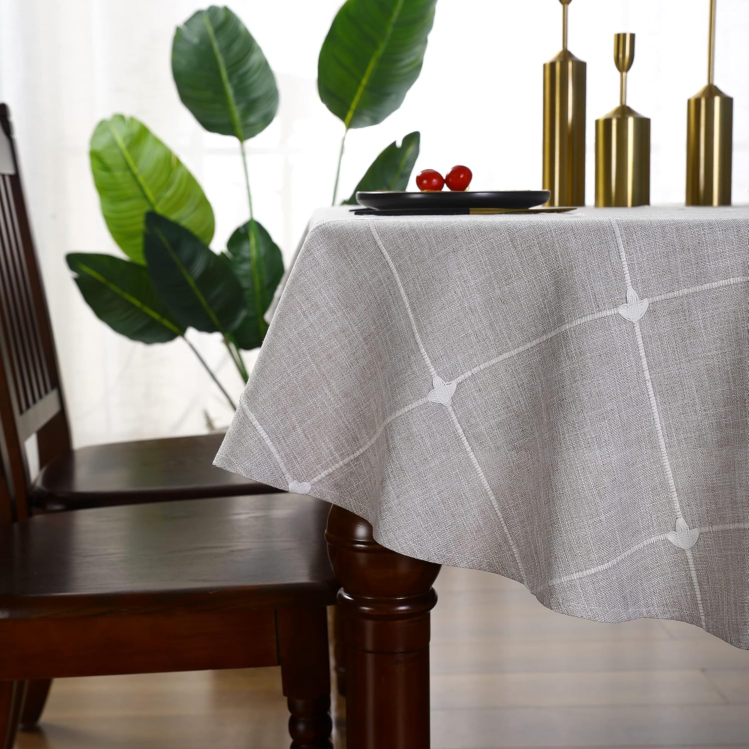 Lattice Oval Tablecloth Rustic Embroidery Cotton Linen Fabric Coffee Checkered Table Cover Tablecloths for Kitchen Dining Party Tabletop Decoration 53 x 72 inches Brown
