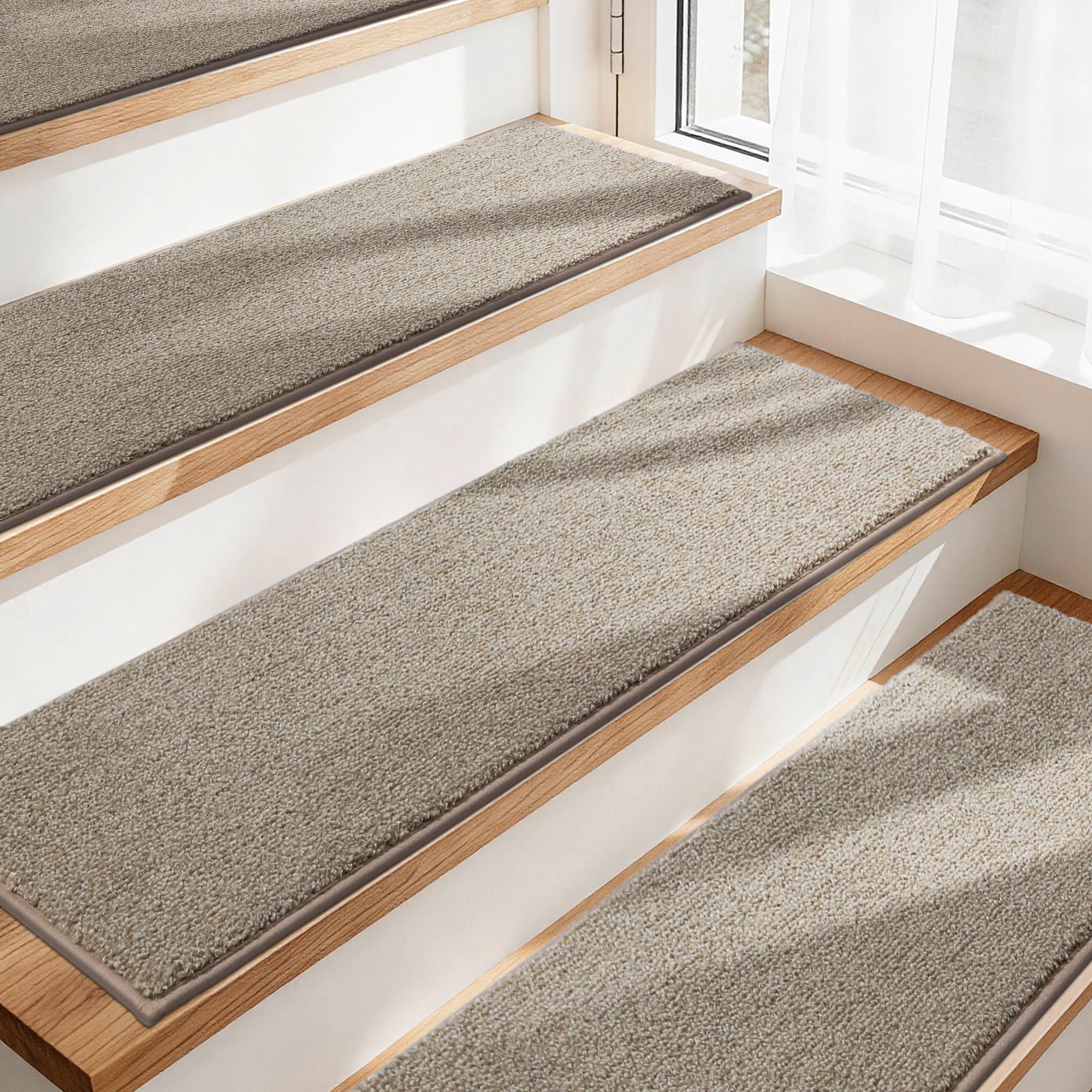 COSY HOMEER Stair Treads Carpet 4 Pack, Non-Slip Polyester Stair Treads for Indoor Stairs Safety, Quick Peel Self-adhesive Stair Runner Carpet Pads, Machine Washable, 22 x 70cm, Beige — image 1