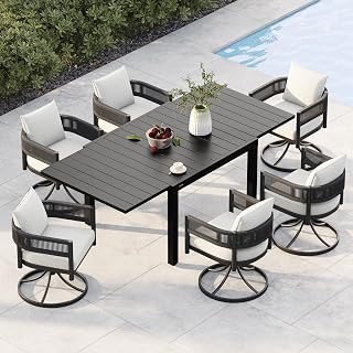 GrandPatio 7-Piece Swivel Outdoor Dining Set for 6: Expandable Table, Woven Wicker Rocker Chairs with Thick Cushions, Black Patio Furniture