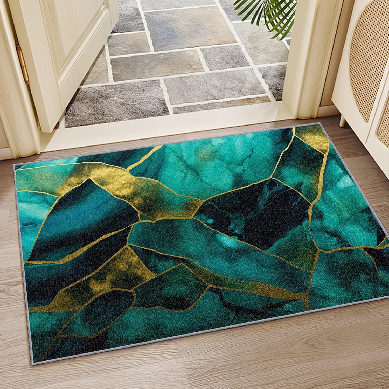 Marble Rug for Entryway Indoor - 2x3ft - Teal Green Gold Washable Non Slip Low Pile Small Rug for Bedroom, Abstract Modern Luxury Floor Mats Home Decor