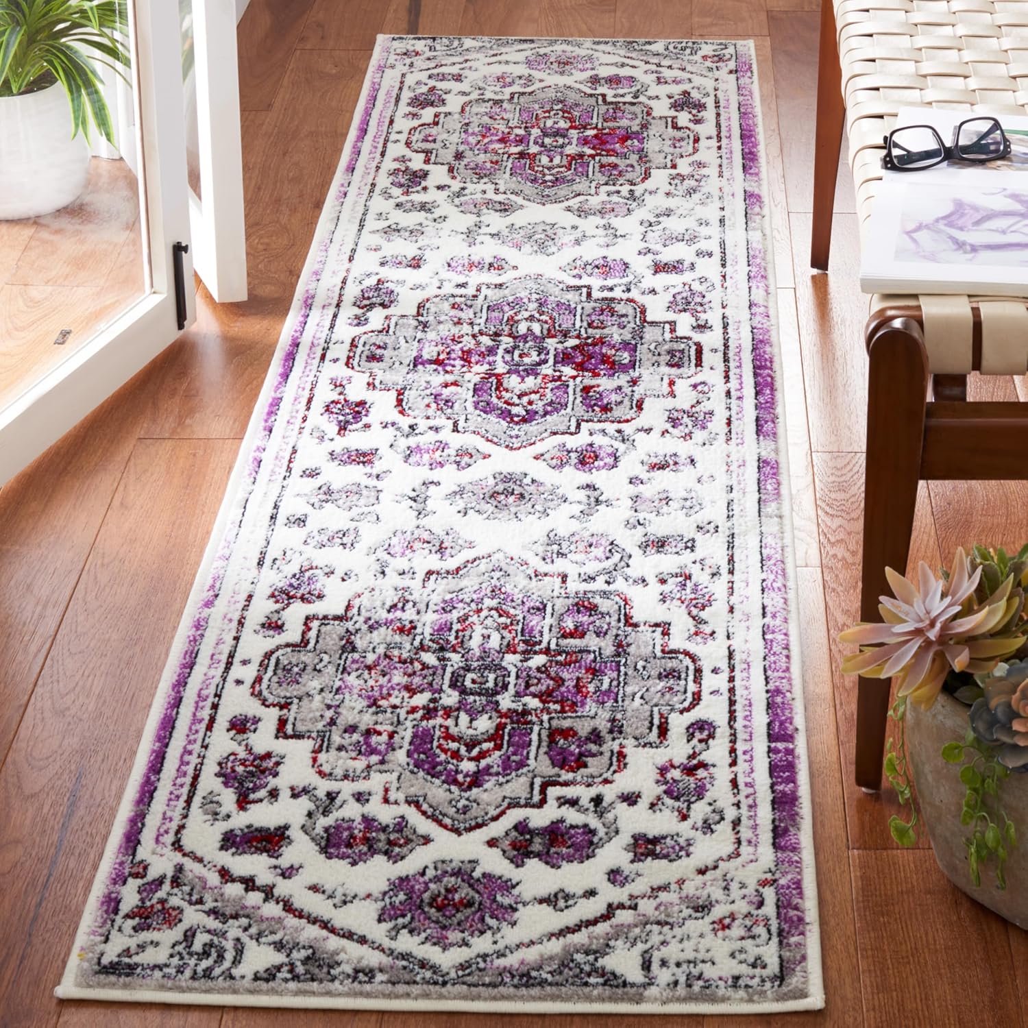 SAFAVIEH Skyler Collection 2' x 8' Ivory/Purple SKY111V Medallion Distressed Non-Shedding Entryway Foyer Living Room Bedroom Kitchen Runner Rug