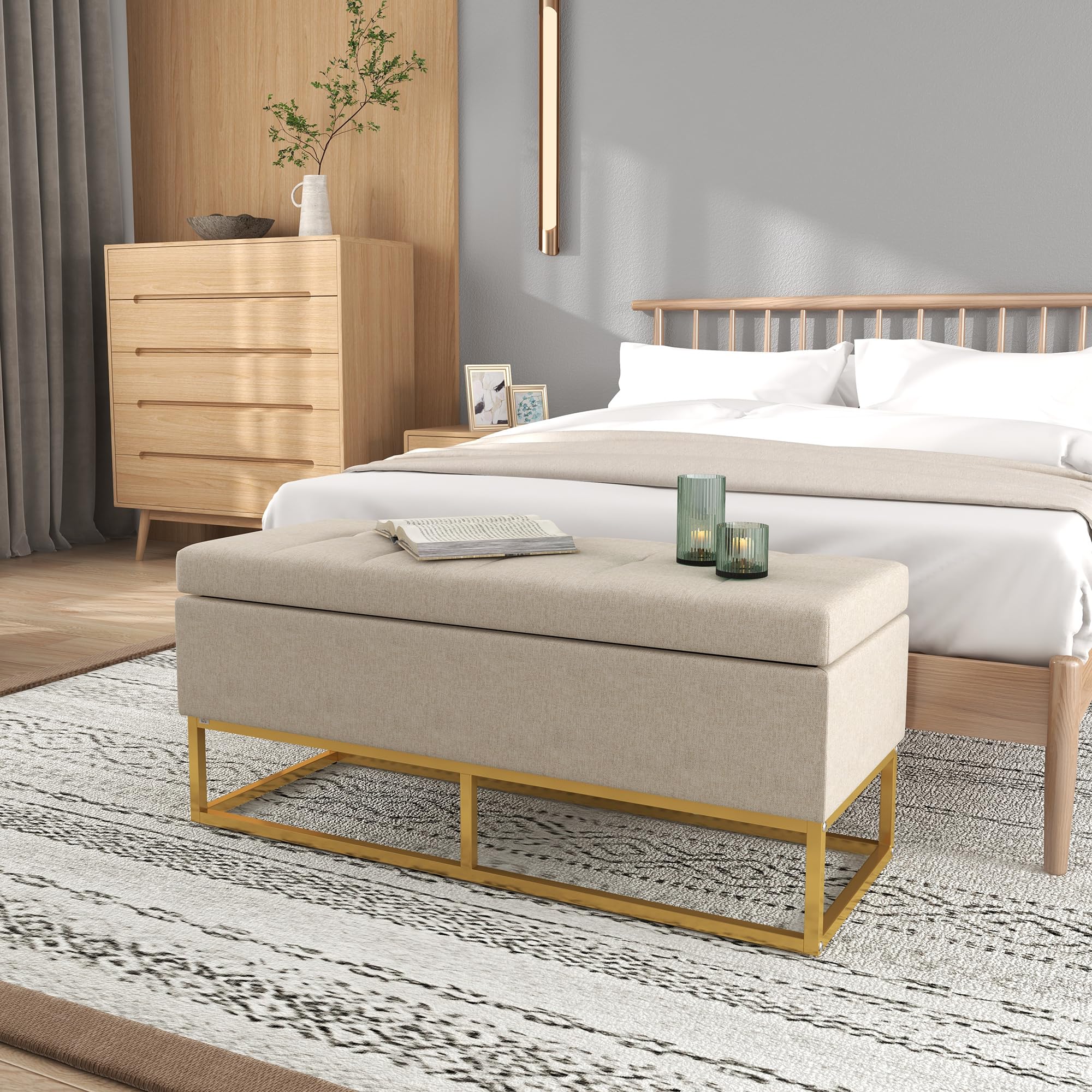 HOMCOM Baúl de Almacenaje para Dormitorio Puff de Almacenaje Tapizado de Lino Sintético con Tapa Abatible y Patas de Acero para Salón 110x44x48 cm Beige