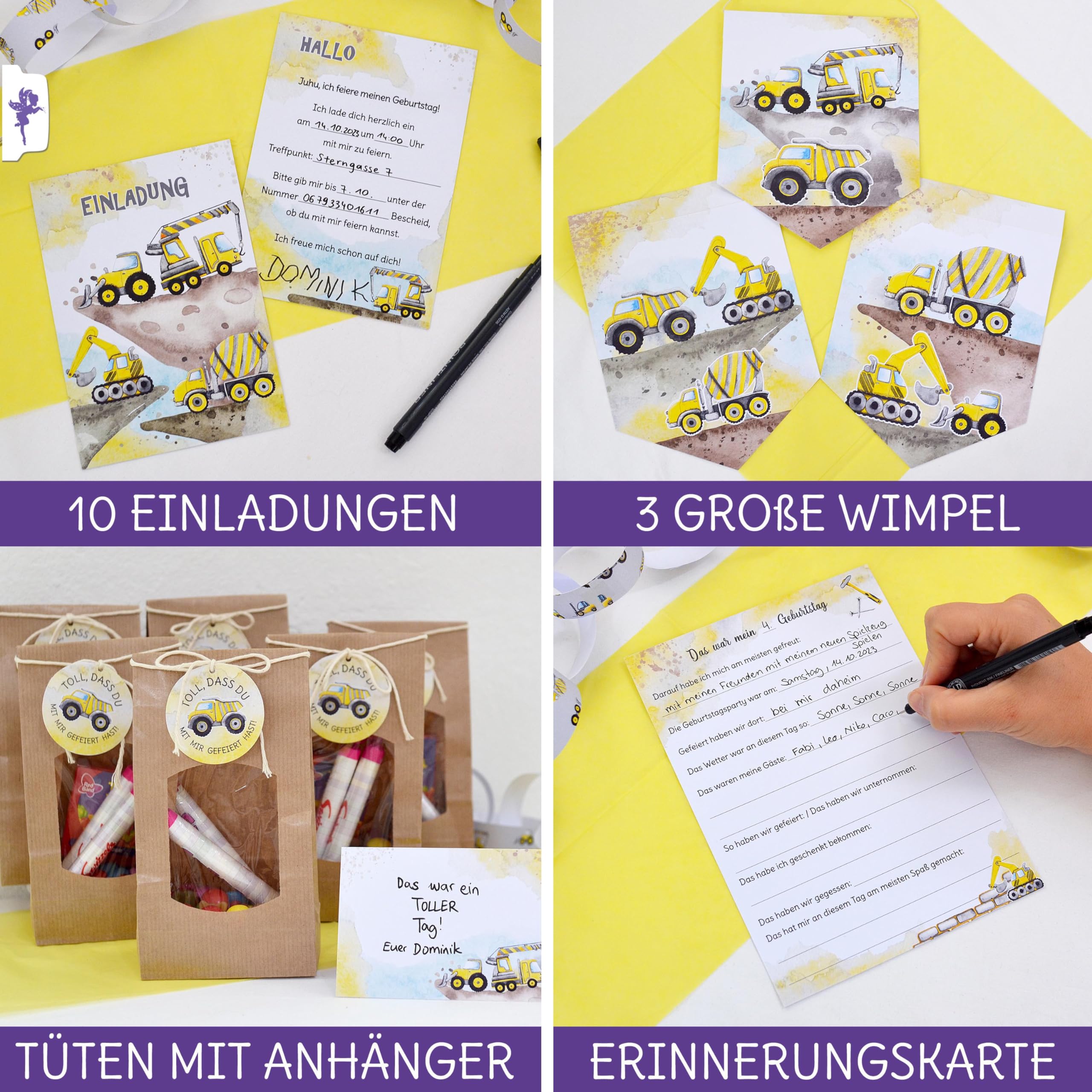 Feenstaub Kindergeburtstag Mottobox, Baustelle, Kindergeburtstag Deko, Bagger Geburtstag, Baustellenparty Party Set, Einladungskarten, Baustellen Deko, Kindergeburtstag Bauarbeiter
