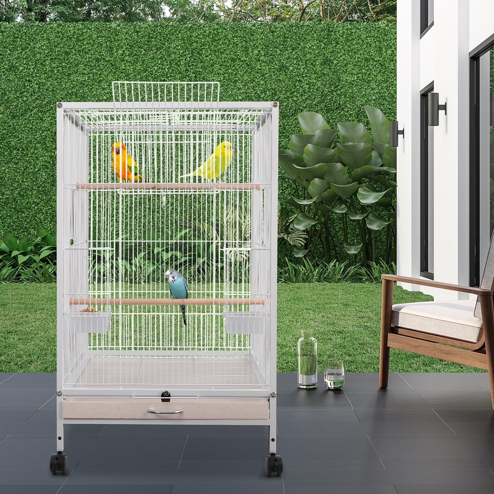 Jaula grande para pájaros, jaula interior para loros, pajarera de metal con ruedas de transporte, apertura hacia arriba, jaula para pájaros, 46 x 46 x 94 cm, jaula para periquitos con 3 perchas