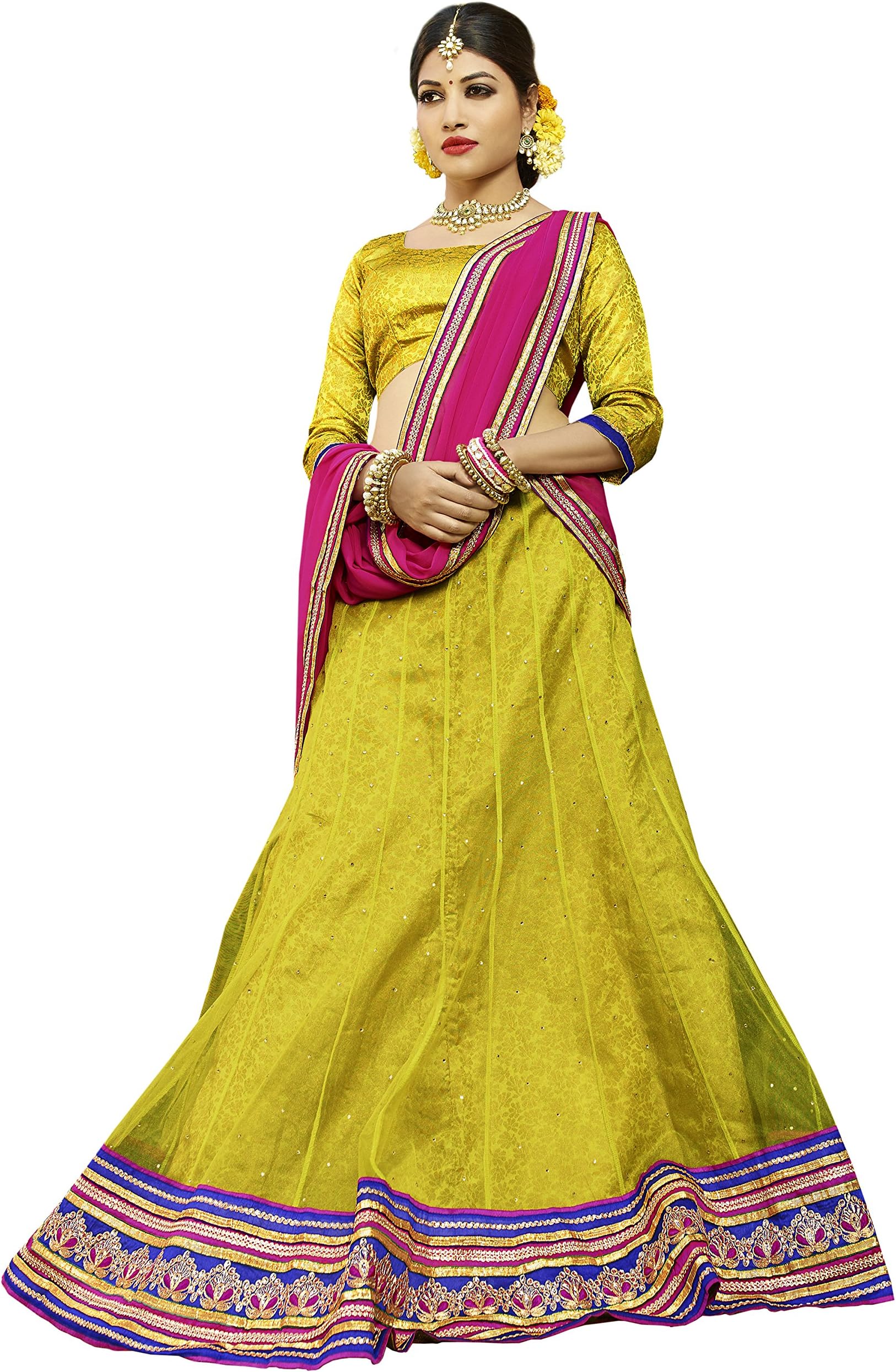 Melluha Yellow Net Embroidered Booti and Border work Lehenga with Chiffon Dupatta