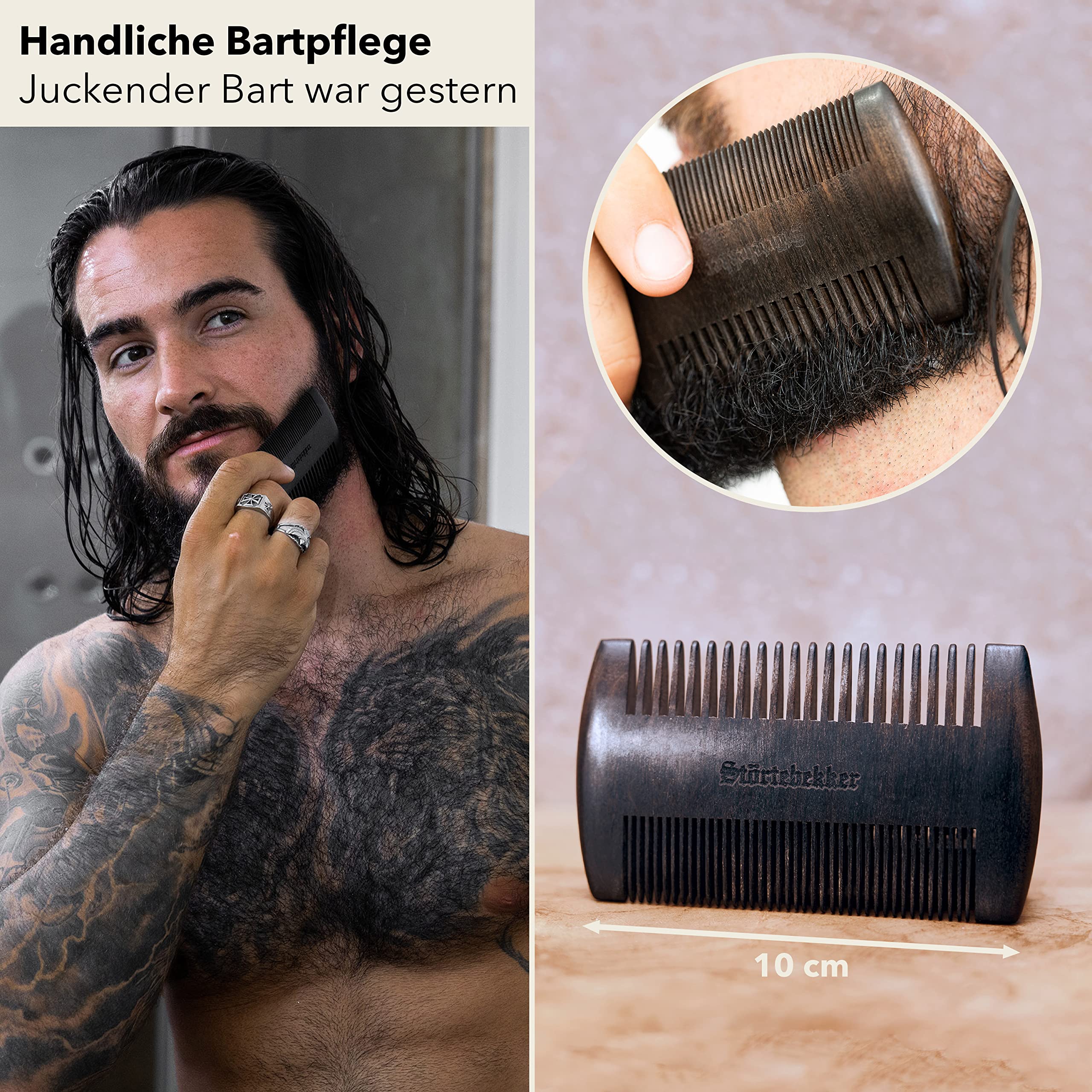 Störtebekker® Premium Bartkamm aus Holz mit handgefertigtem Lederetui - Perfekte Geschenkidee - Bringt jeden Bart in Form dank beidseitiger Verzahnung - inkl. Rasur- und Bartguide