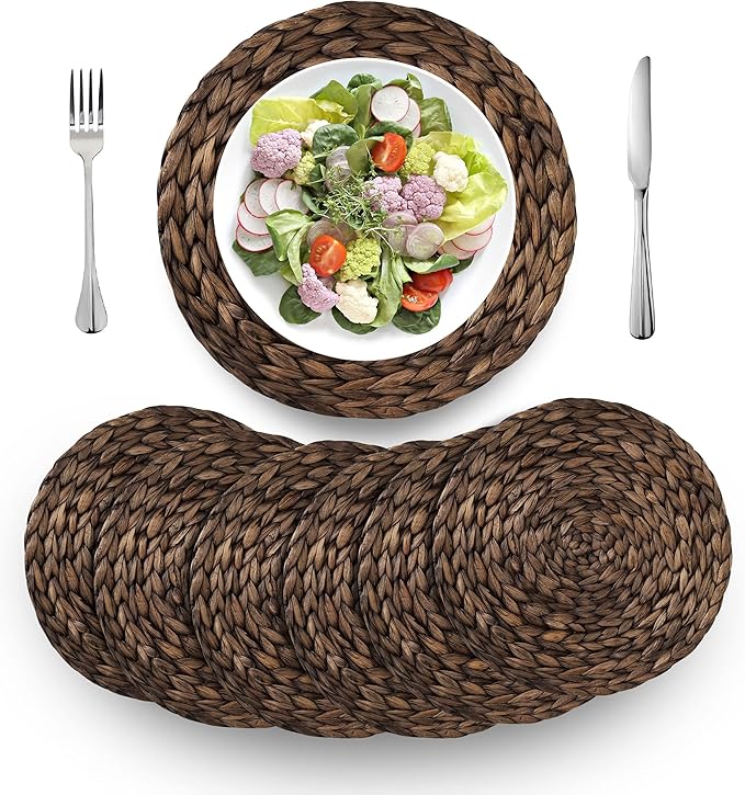 (4 Sizes: 12"-13"-14"-15") BARIEN Rustic Woven Placemats Round Set of 6, Natural Water Hyacinth Weave Placemat for Dining Table, Large Handmade Woven Placemats Heat Resistant Non-Slip (12" - Set of 6)