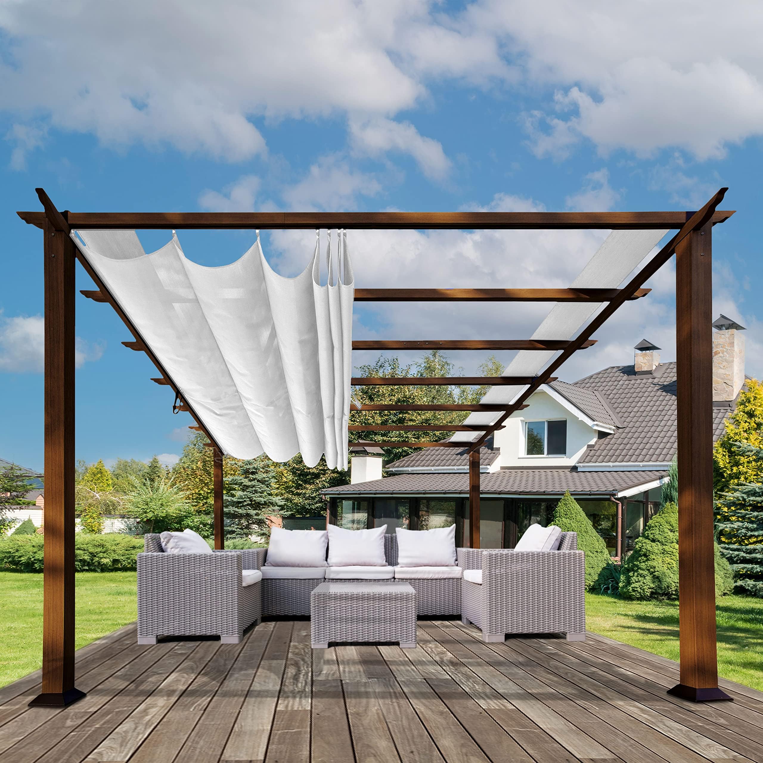 Paragon Outdoor 11'x11' Alumnium Pergola in Chilean Ipe with Soft Top Retractable Canopy for Patio, Porch, Garden, Backyard Gazebo (Off-White Canopy)