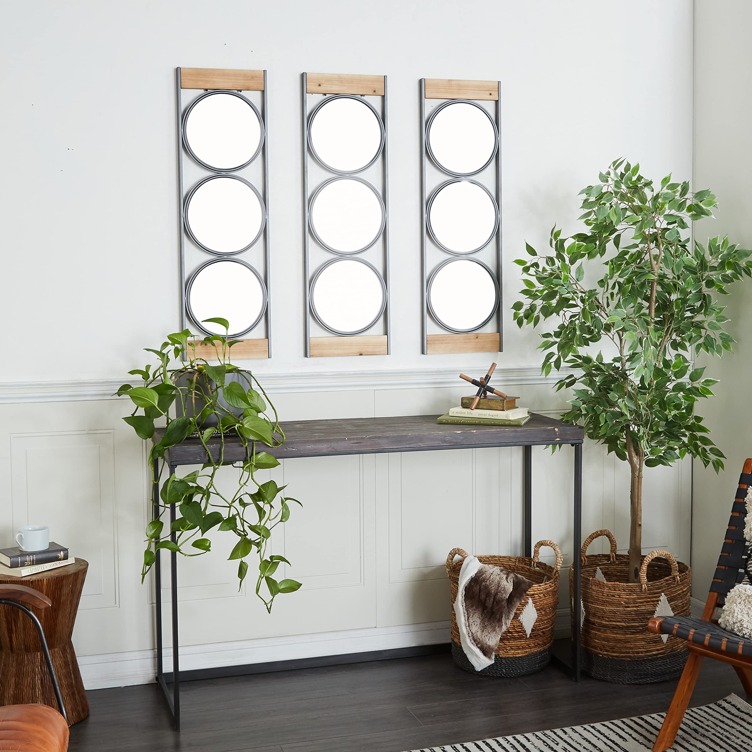 Deco 79 Metal Wall Mirror with Wood accents, Set of 3 37