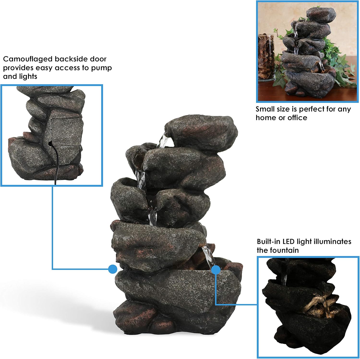 Sunnydaze Rocky Falls Indoor Tabletop Water Fountain with LED Light - Serene Rock Water Feature - Indoor Relaxation Fountain - Perfect for Living Room or Office Space - Electric Soothing Waterfall : Sunnydaze Decor: Home & Kitchen