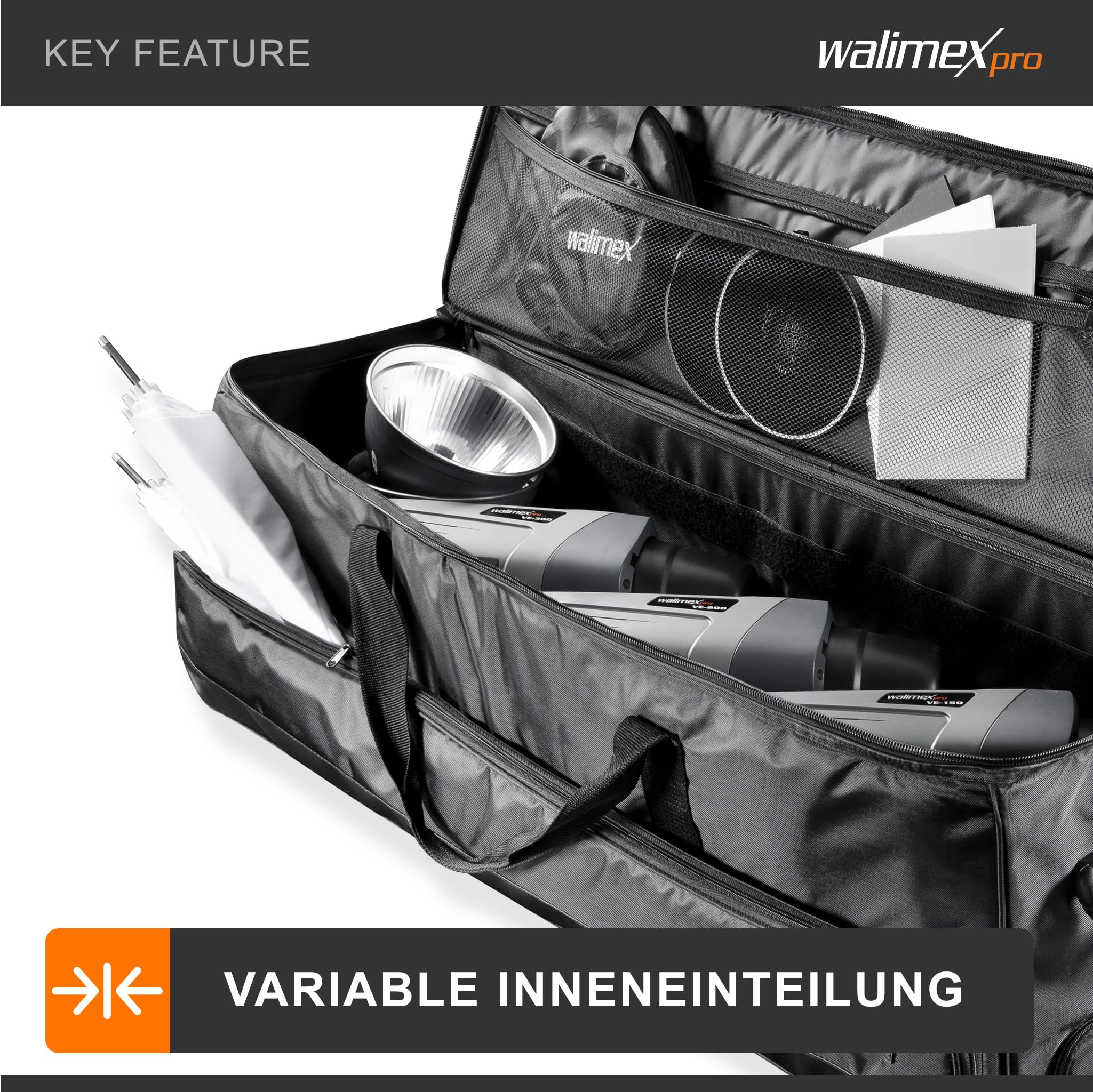 Walimex Pro Studio-Trolley XL – schwarz – 1027 x 379 x 324 mm – inkl. ausziehbaren Trolleygriffs, gepolsterten Schultergurts, variabler Inneneinteilung, Hartgummiräder – Stativtasche, Kameratasche