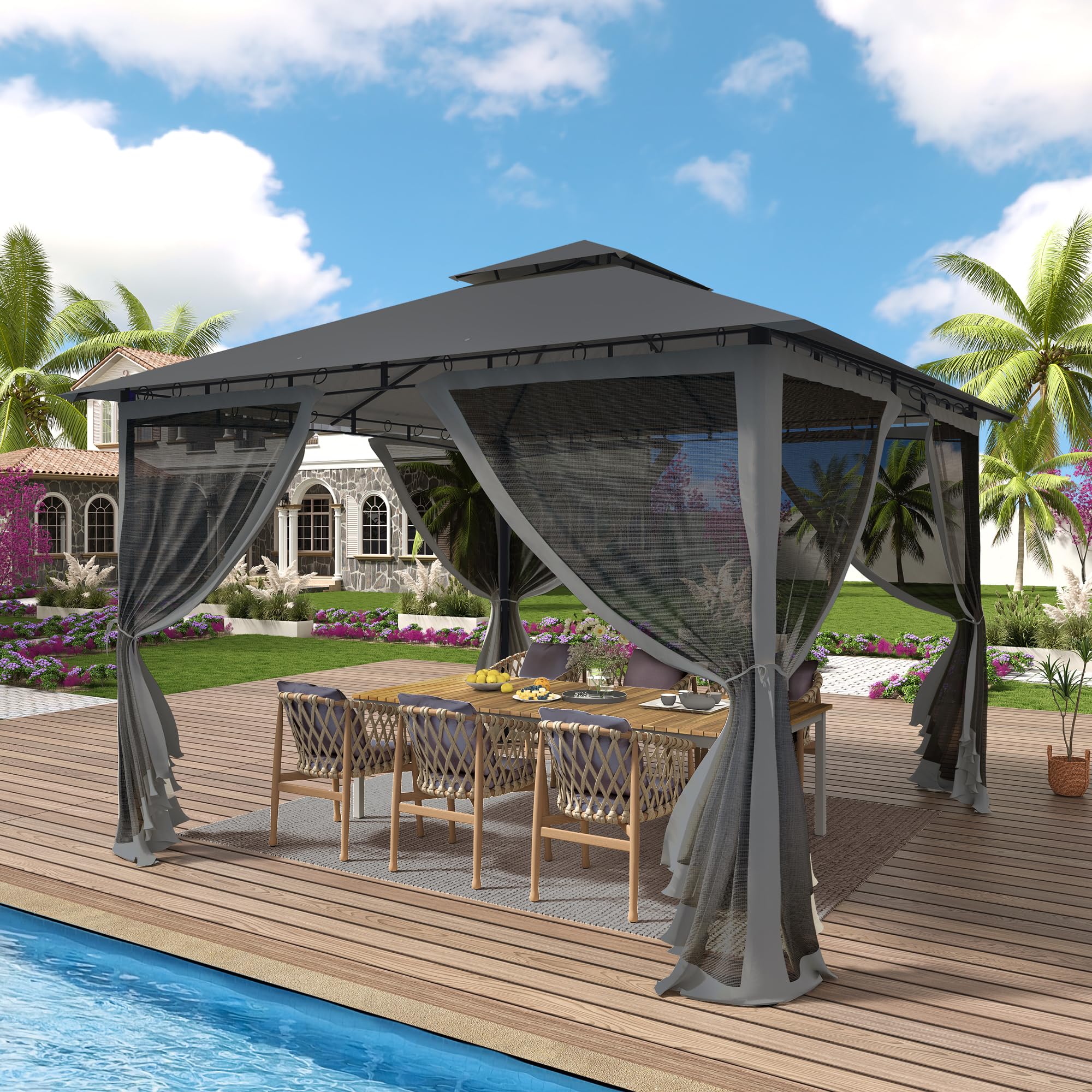 UDPATIO Gazebo da Giardino con Doppio Tetto e Zanzariera, 2.75x2.75 m, Struttura in Metallo Resistente, Gazebo Pieghevole Impermeabile per Giardino, Terrazze - Grigio