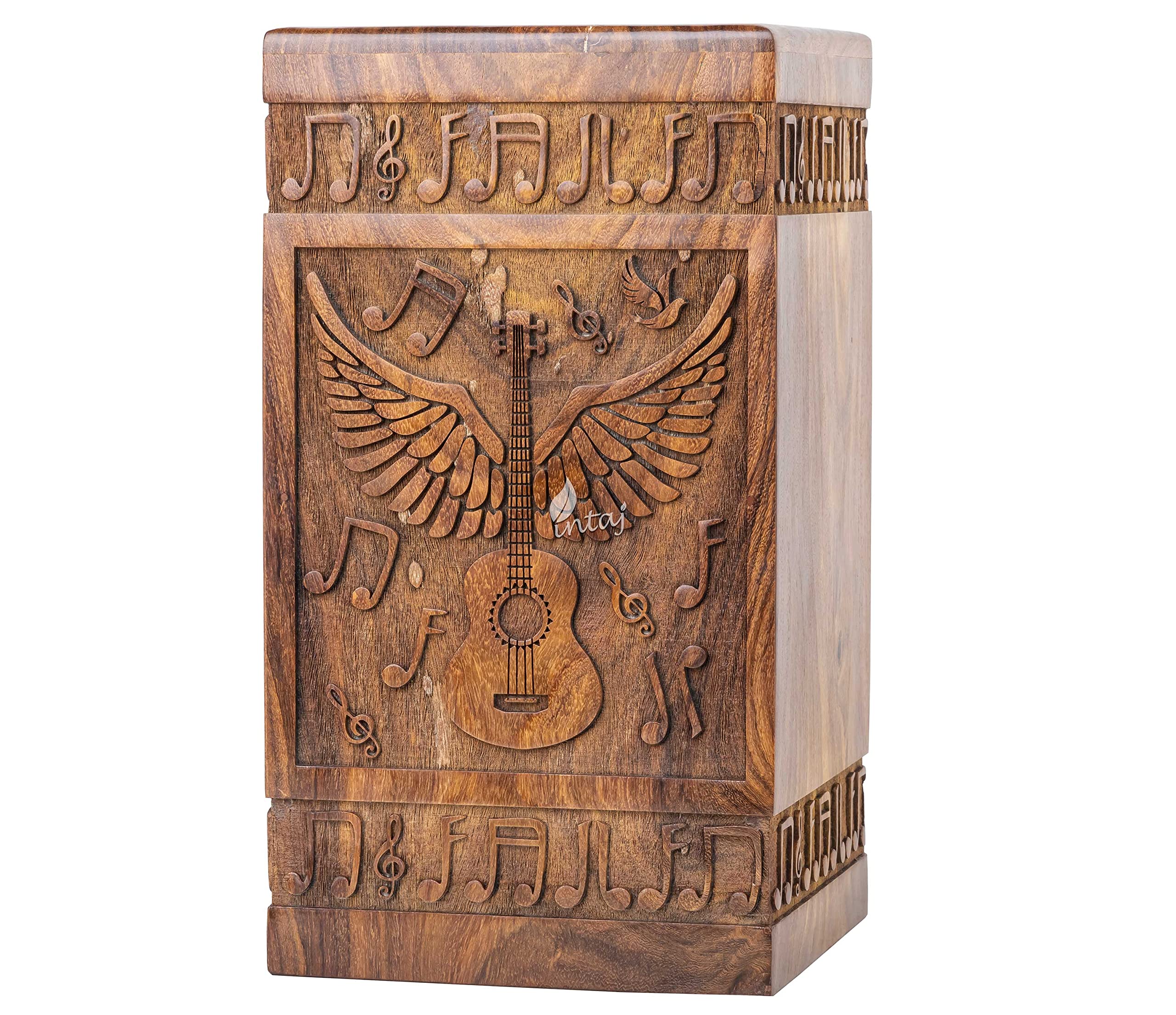 Handcrafted Wooden Cremation Urn for Human Ashes - Guitar Wings of Angel with Musical Notes, 250lbs Capacity - Suitable for Burial for Men, Women, Mom, Dad - Decorative Funeral Urn Box and Casket