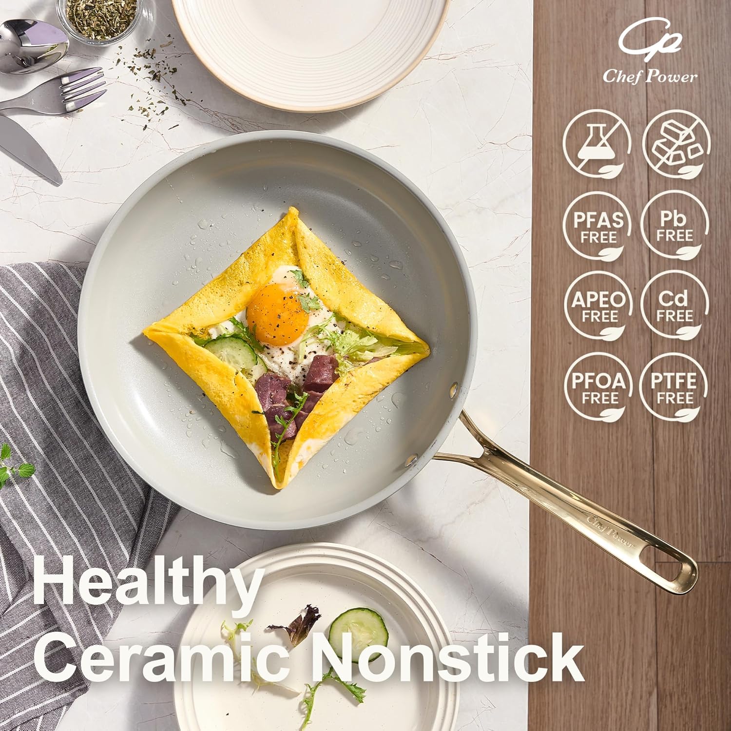 Chef Power Ceramic Frying Pan with Stainless Steel handle 5Pcs Set, Non Stick Grill Pan Set, Dishwasher and Oven Safe, Light Purple and Granite Grey