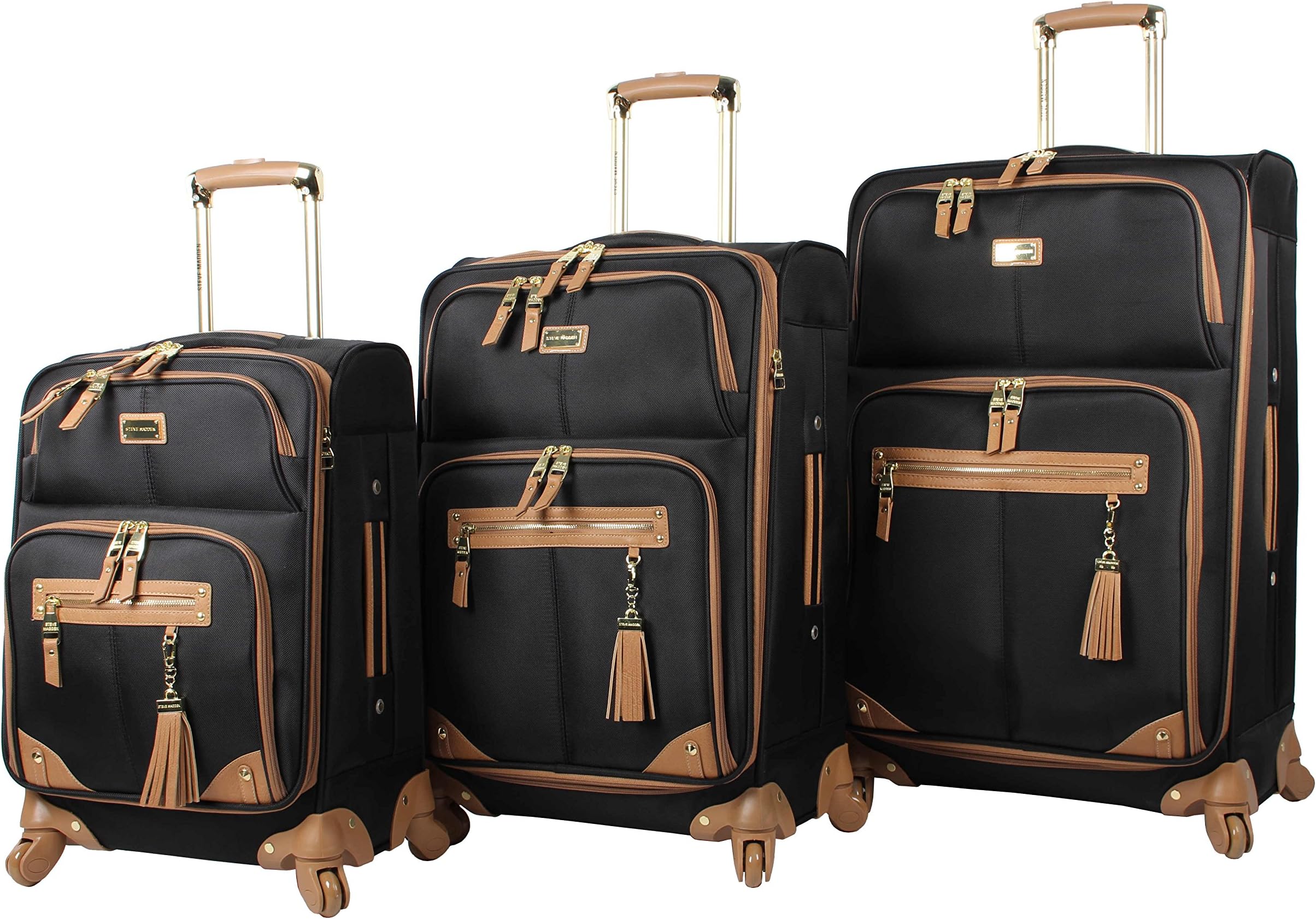 Designer Luggage Collection - 3 Piece Softside Expandable Lightweight Spinner Suitcase Set - Travel Set includes 20 Inch Carry on, 24 Inch & 28-Inch Checked Suitcases (Harlo Black)