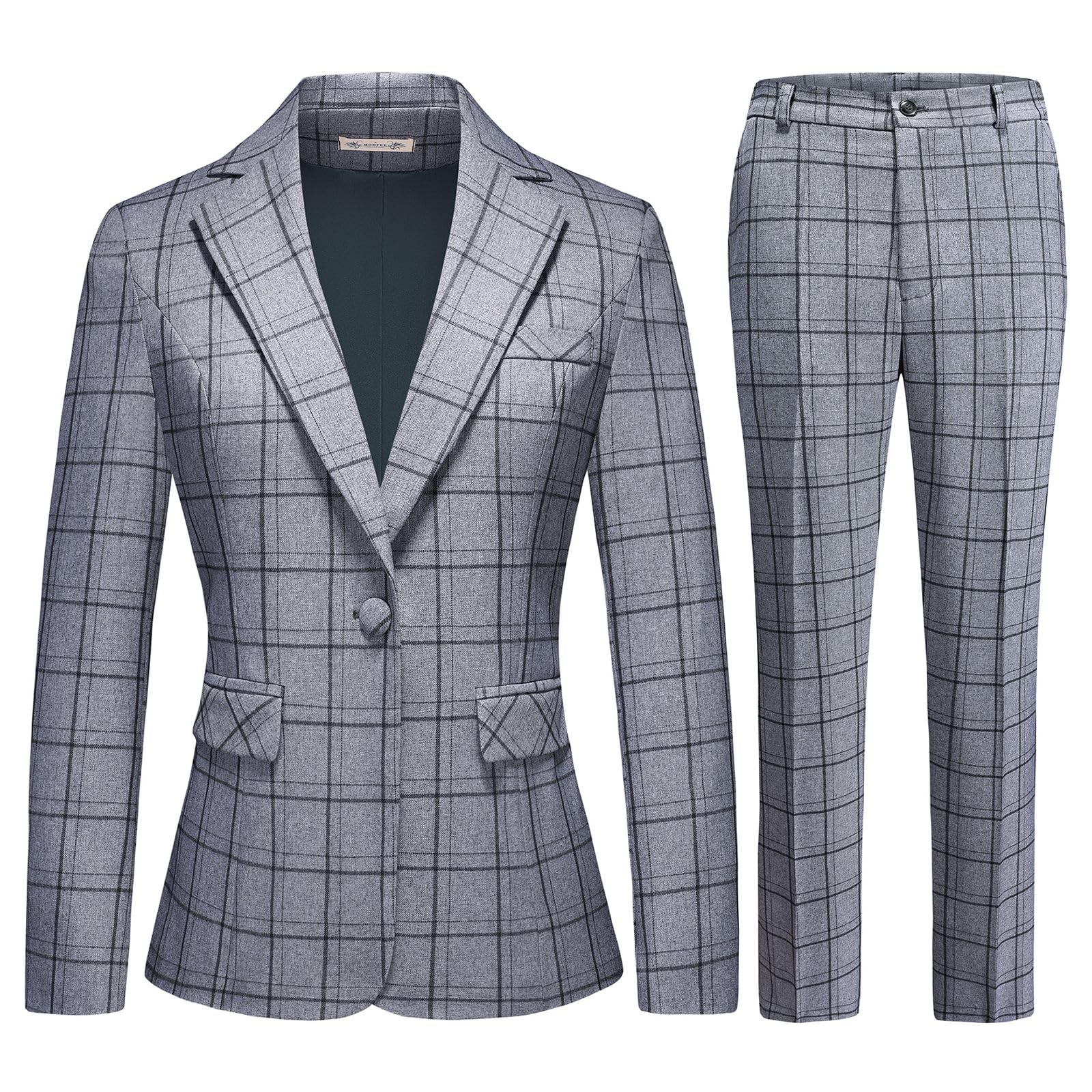 MODFUL Women's 2 Piece Business Plaid Suit Set Office One Button Slim Fit Blazer with Pant