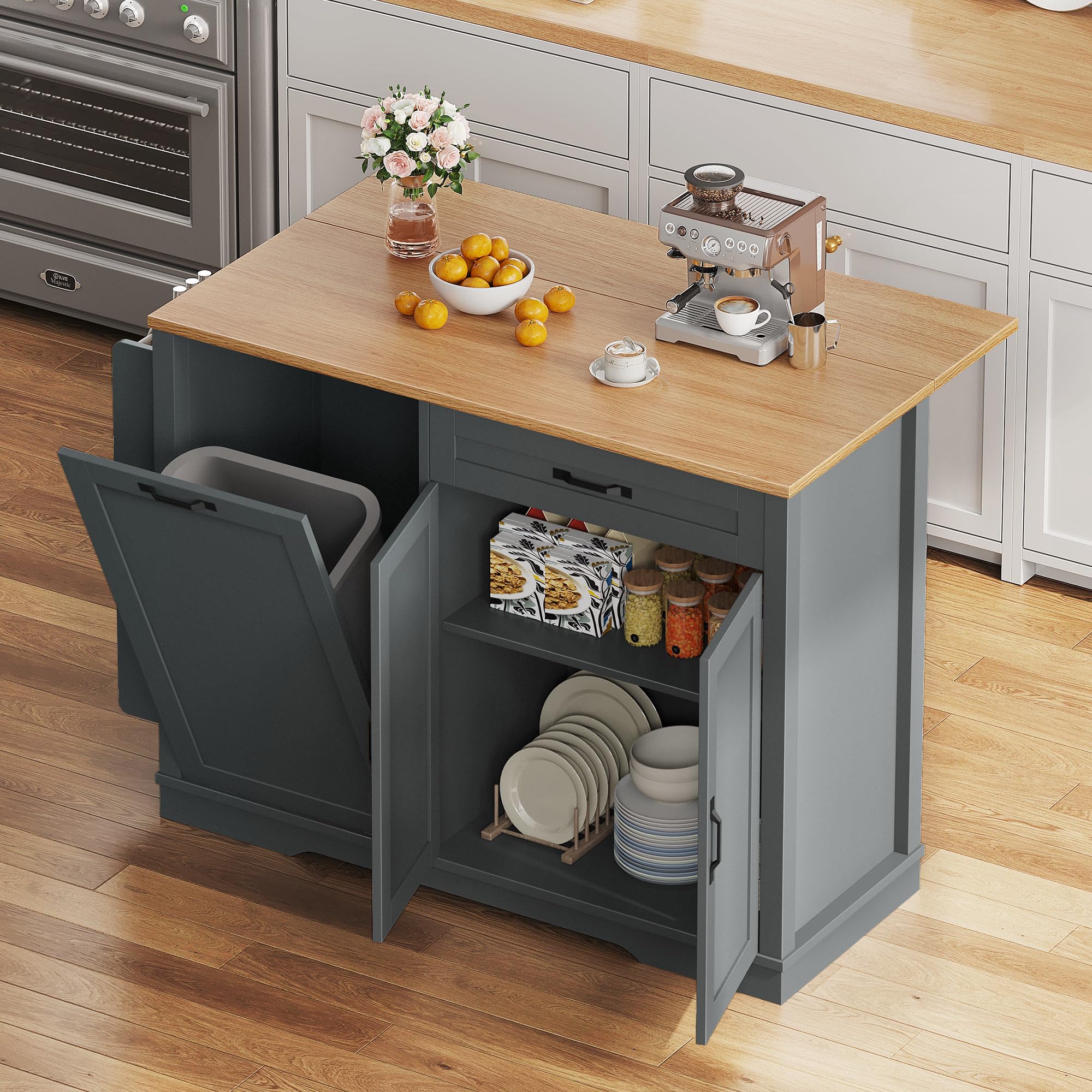 DWVO Kitchen Island in dark grey with drop leaf extended, showing a coffee machine and fruit on top.