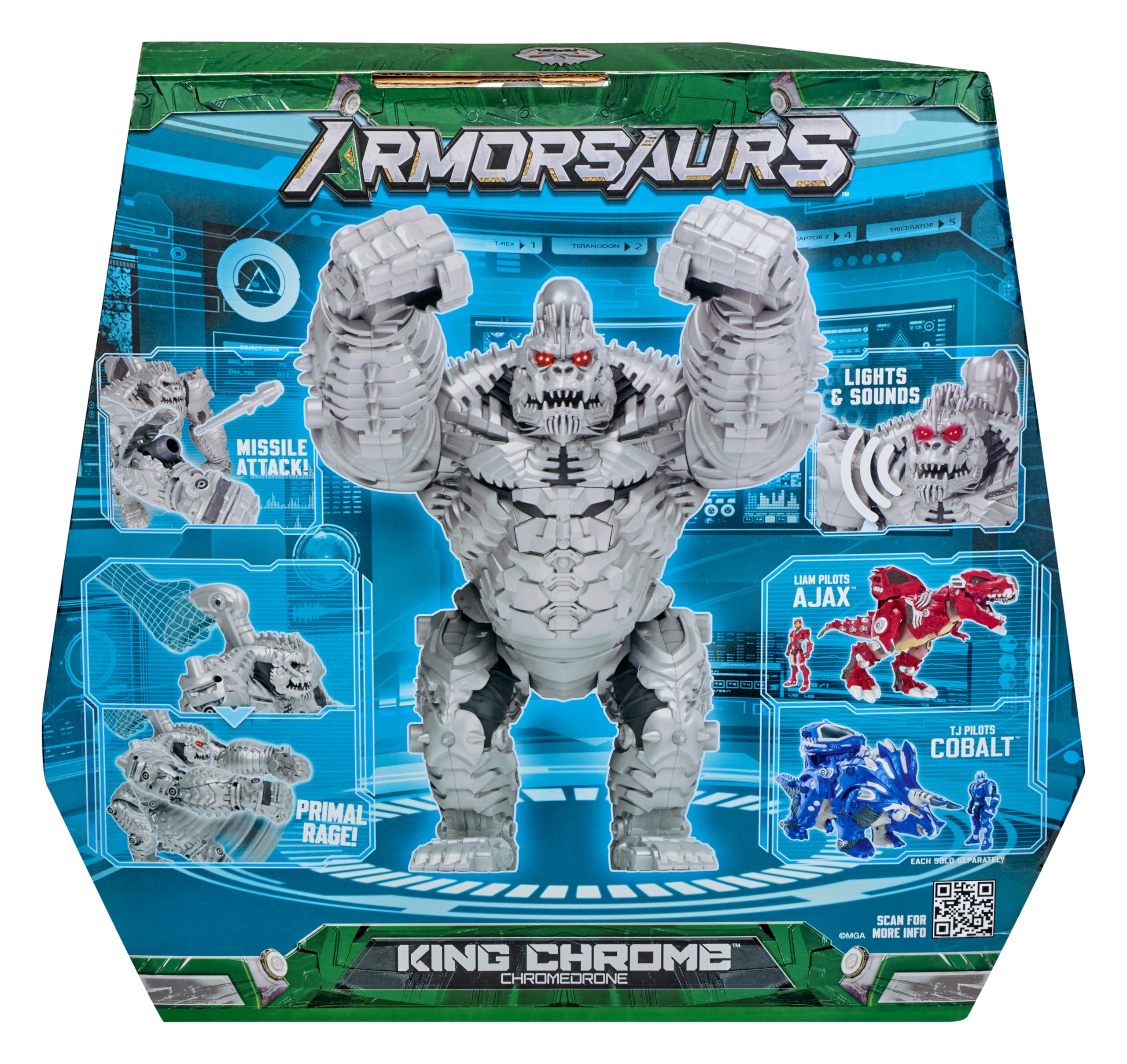 King Chrome Feature Villain Figure - Figura de acción de 30,5 cm del Villano King Chrome de Armorsaurs con Luces, Sonidos, función de puñetazo y Accesorios de Lanzamiento, para +6 años